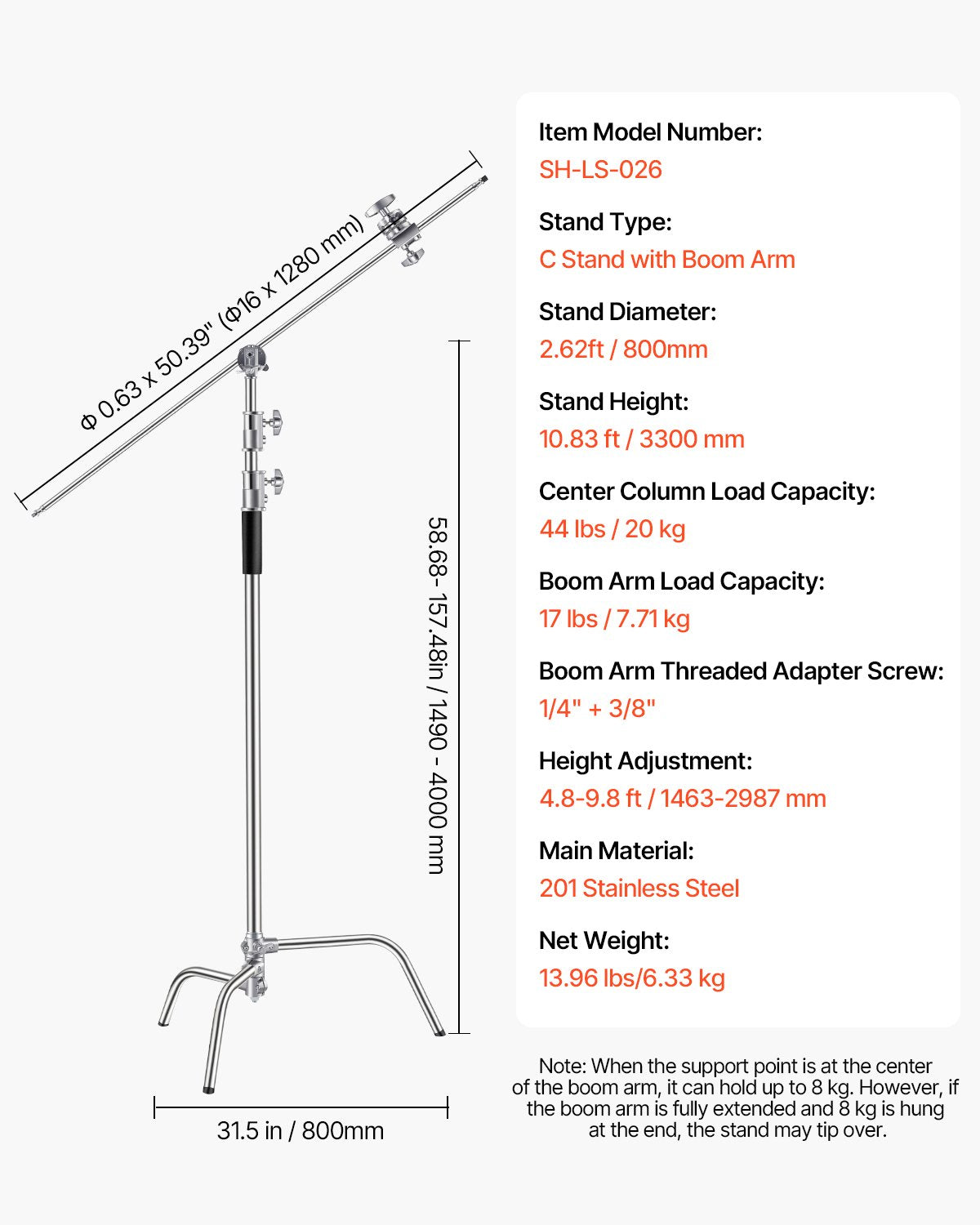 VEVOR C Stand with Boom Arm Max Height 10.83 ft/330 cm Photography Light Stand
