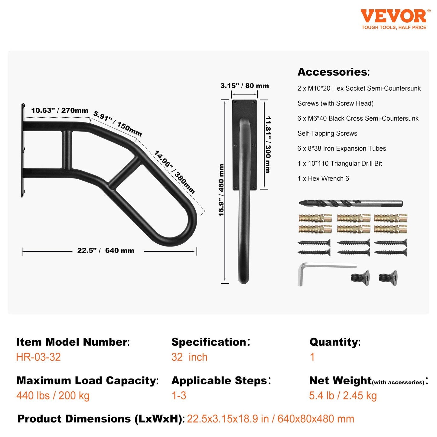 Outdoor Wall Mount Handrail, 0.81m Safety Railing for 1-3 Steps, 200 kg Capacity