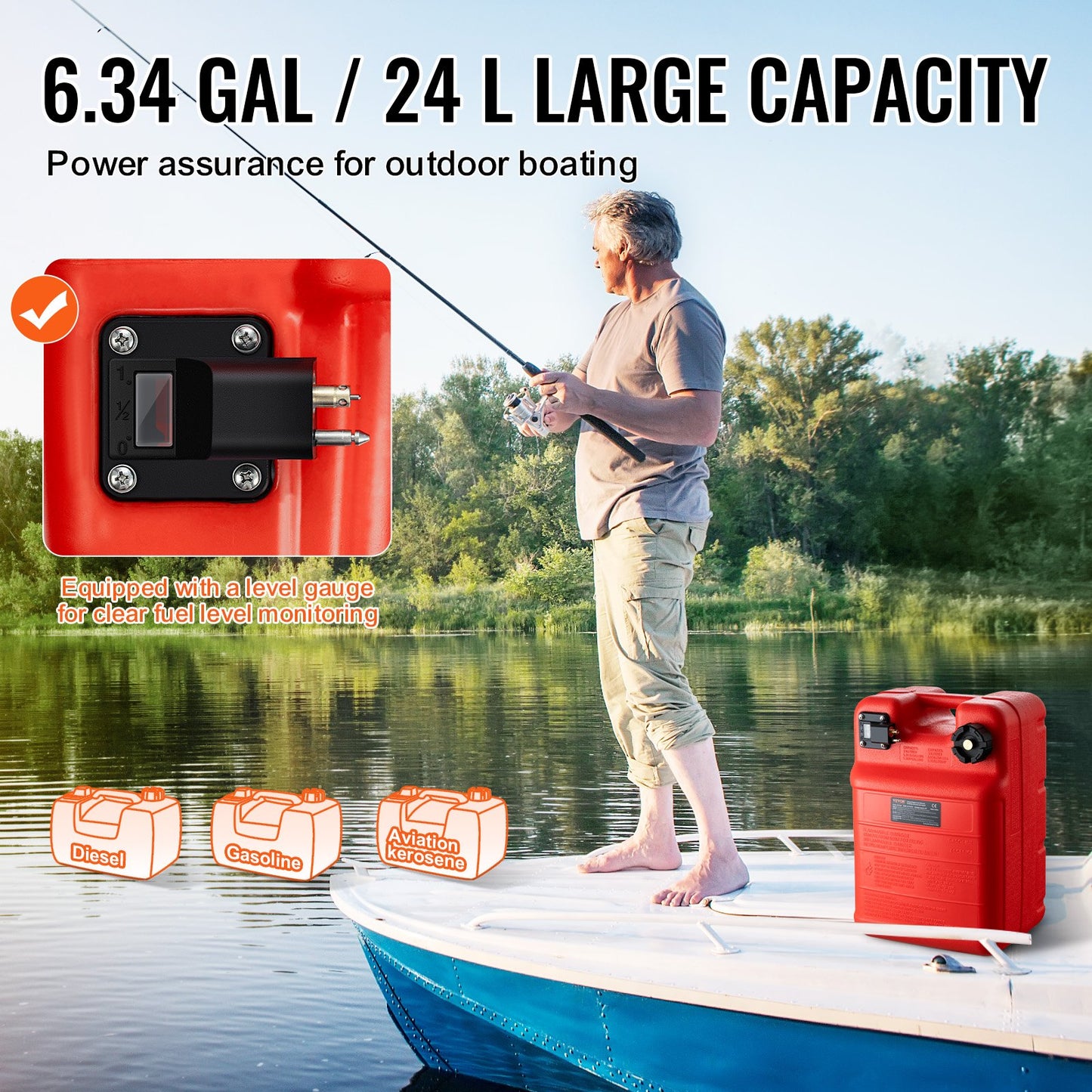 VEVOR Boat Fuel Tank Portable Marine Outboard Gas Tank 6.34 Gallon/24L with Hose