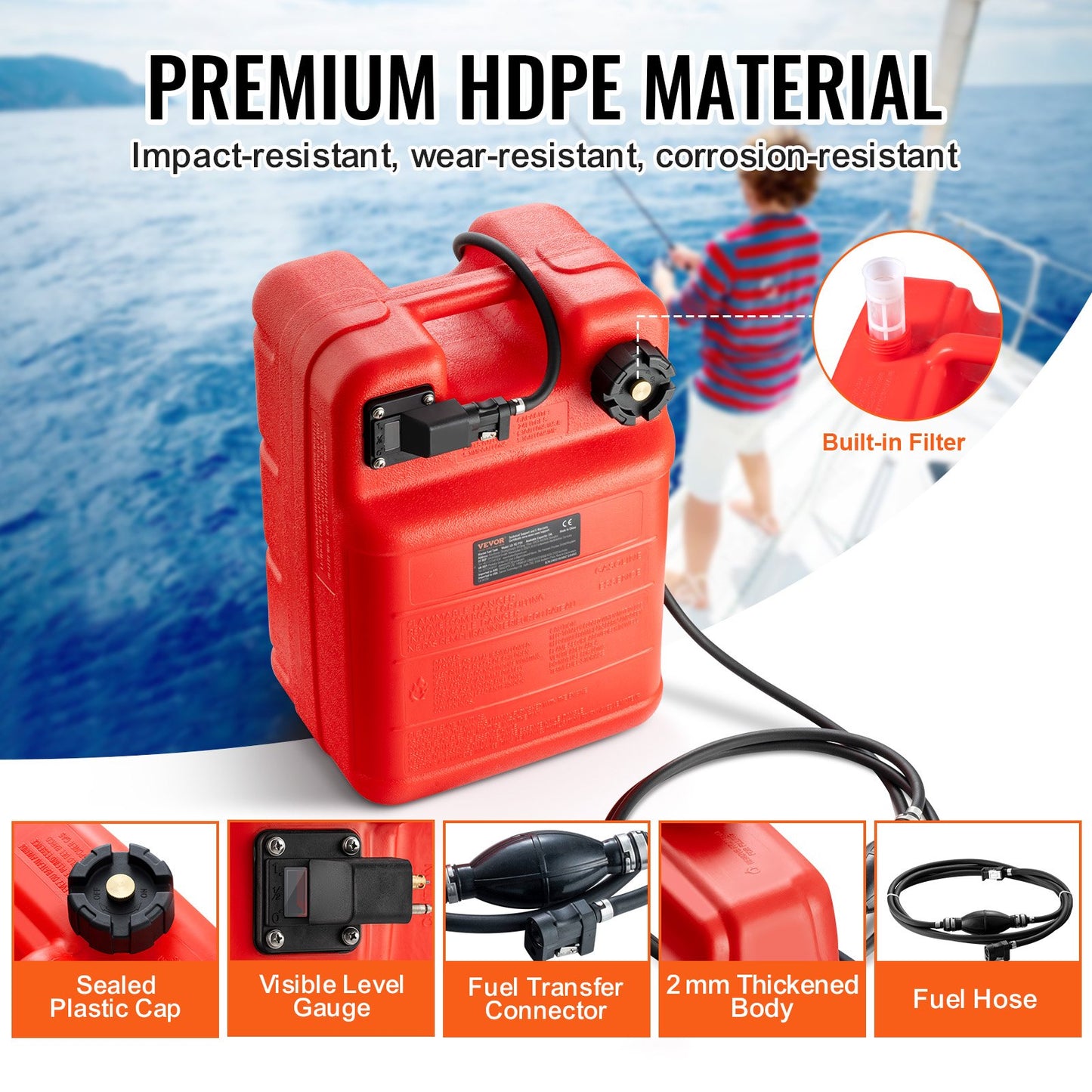 VEVOR Boat Fuel Tank Portable Marine Outboard Gas Tank 6.34 Gallon/24L with Hose