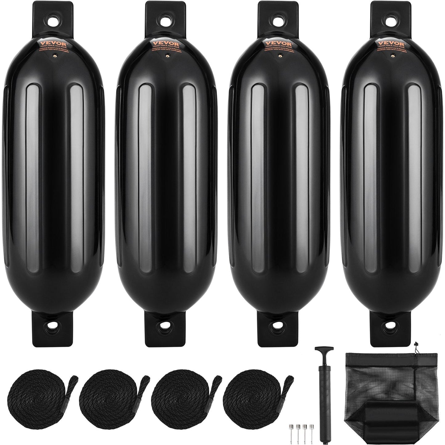Inflatable Boat Dock Bumpers with Accessories, 0.14m x 0.51m, Set of 4, Black