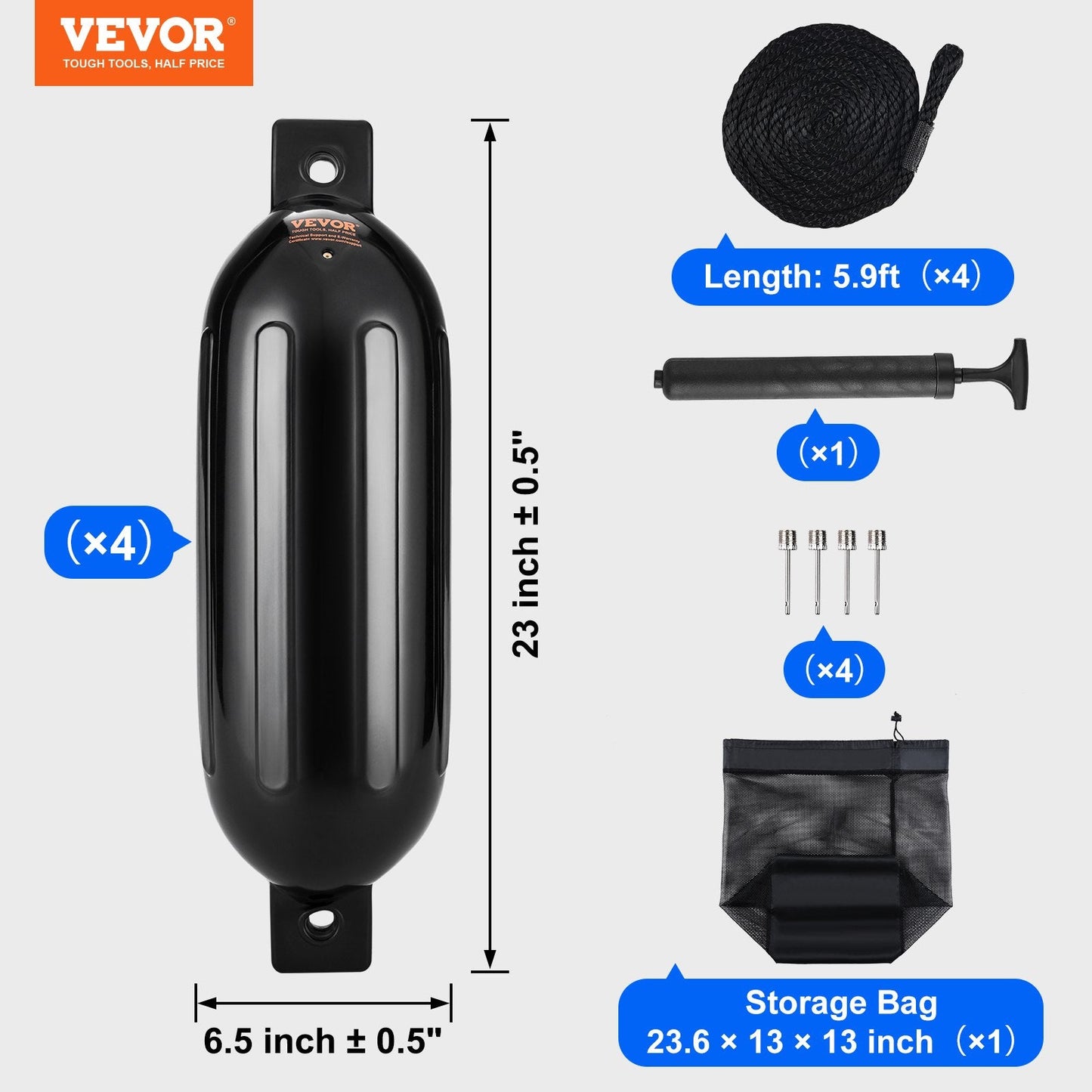 Inflatable Boat Bumpers with Accessories, 0.17 x 0.58 m, Black, Set of 4