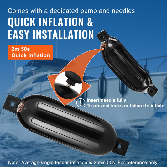 Inflatable Ribbed Boat Fenders 0.22 x 0.66 m with Accessories, Black, Set of 4