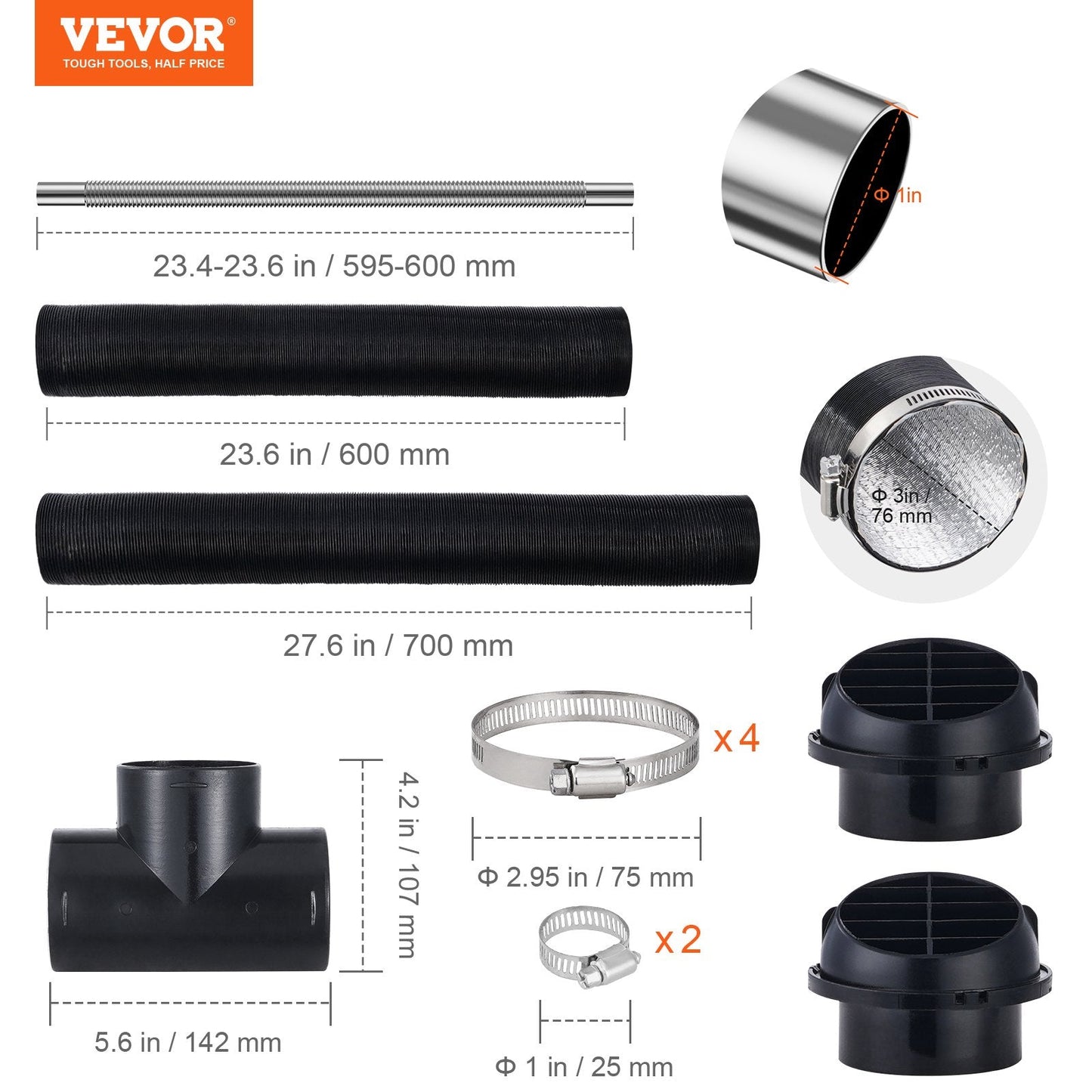 Diesel Heater Ducting Kit: 0.76m Air Hose & 0.6m Exhaust Pipe for Parking Heaters