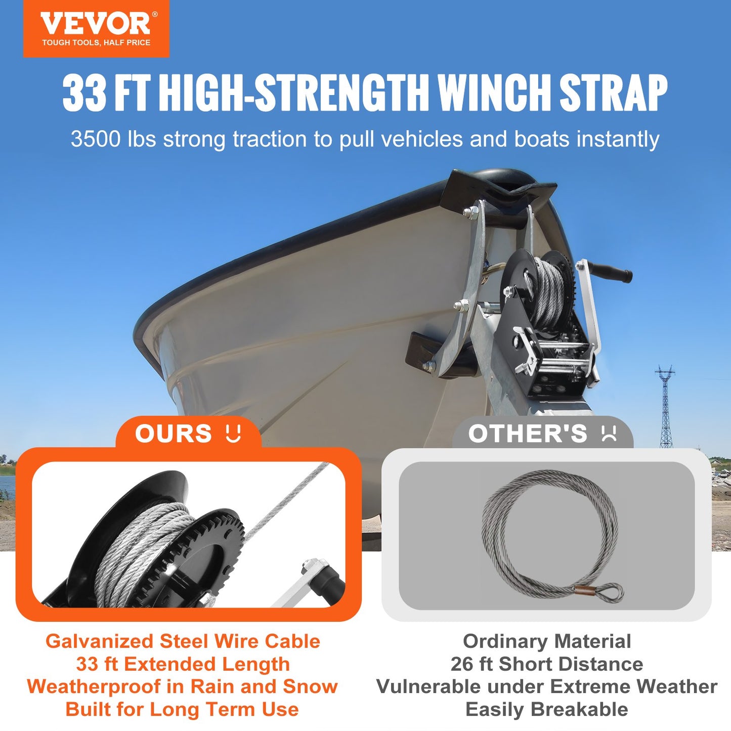 VEVOR Hand Winch Heavy Duty Hand Crank 1587.5 kg 10 m Steel Cable for Boat/ATV