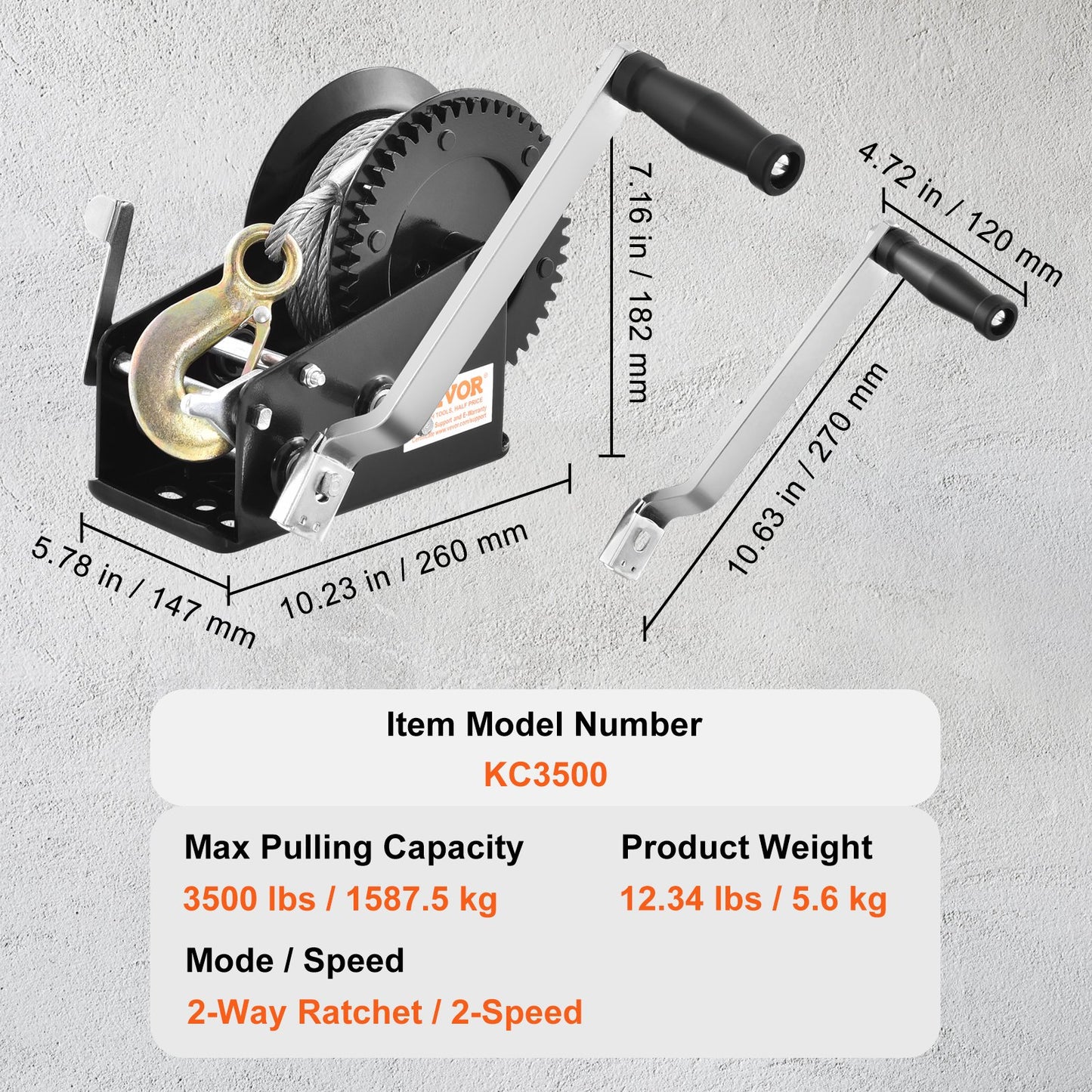 VEVOR Hand Winch Heavy Duty Hand Crank 1587.5 kg 10 m Steel Cable for Boat/ATV