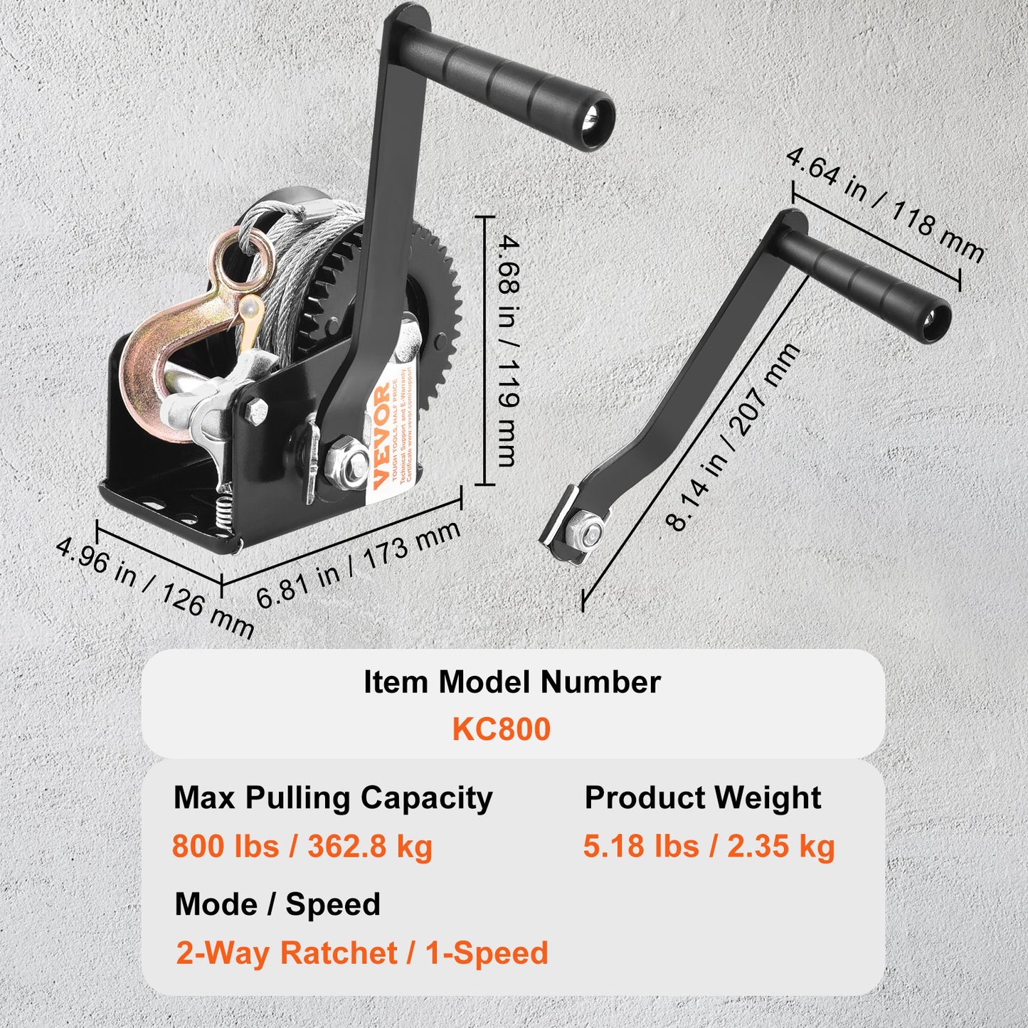 VEVOR Hand Winch Heavy Duty Hand Crank 362.8 kg 10 m Steel Cable for Boat/ATV
