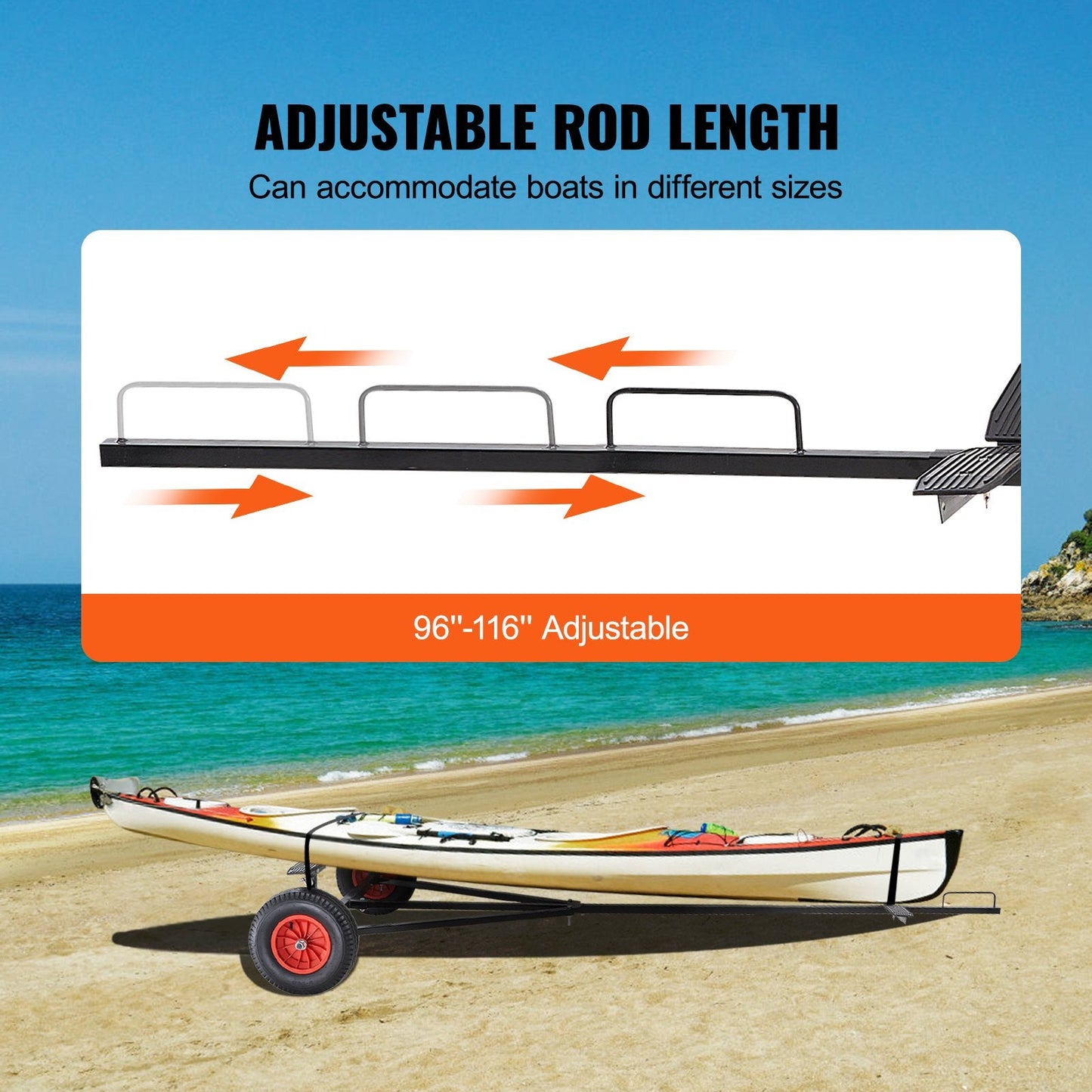 Adjustable Carbon Steel Boat Trailer Dolly, 190 kg Capacity, 2.44-2.94 m Length