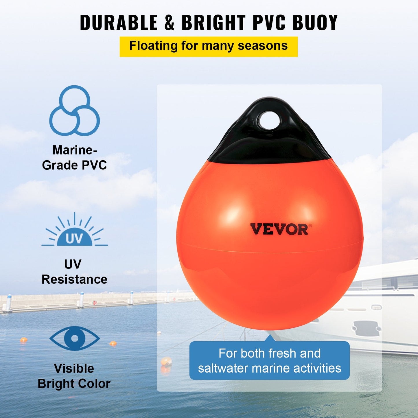 Inflatable Marine-Grade PVC Buoy Ball, 38 cm Diameter, Orange for Mooring & Fishing