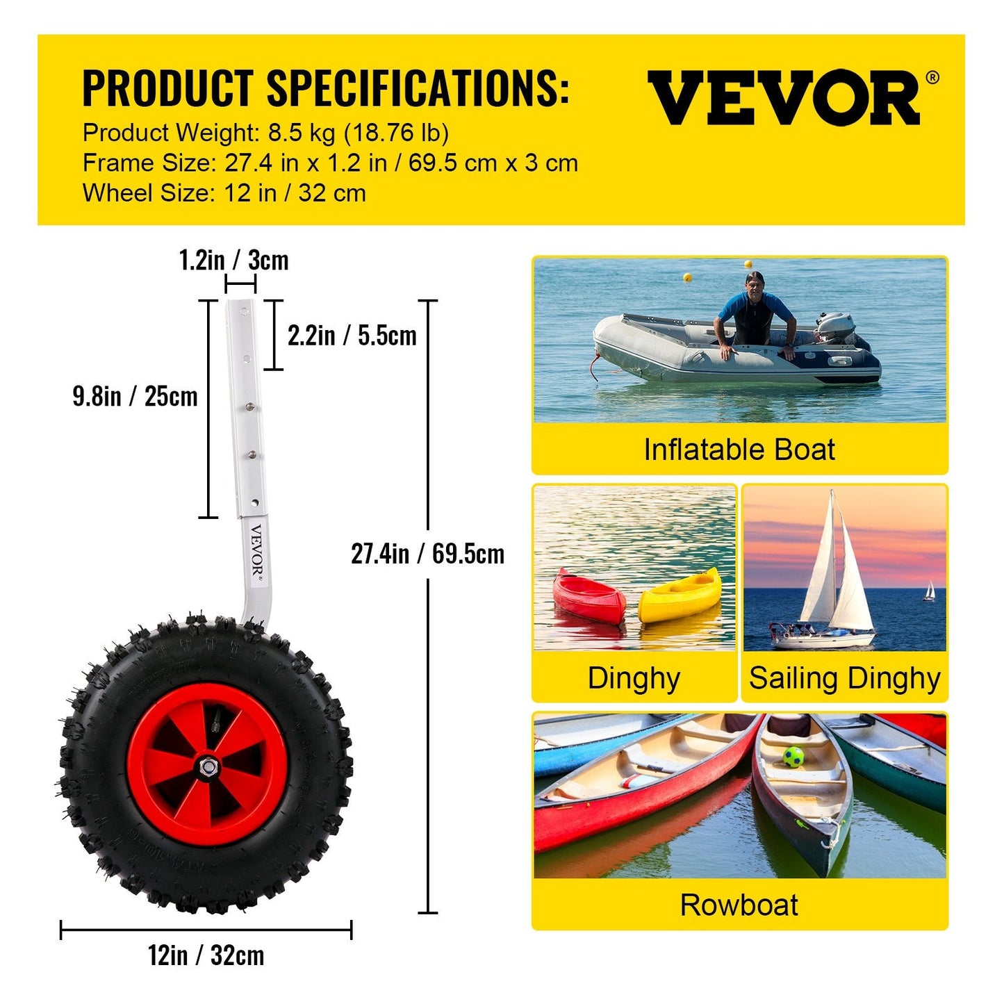 Aluminum Alloy Boat Launch Wheels, 227 kg Capacity, 32 cm Rubber Tires