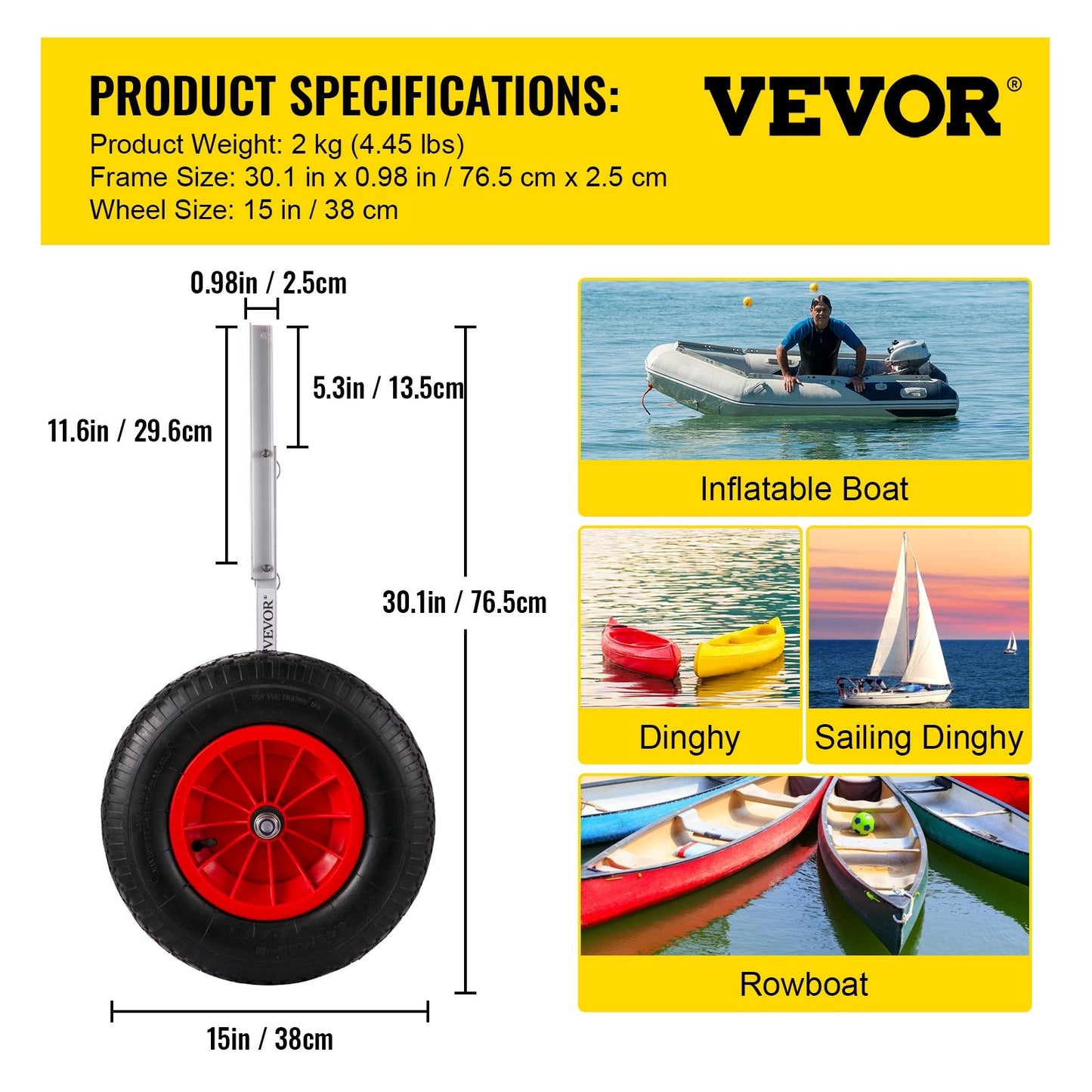 Inflatable Boat Launch Wheels with 136 kg Capacity and 0.38 m Rubber Tires