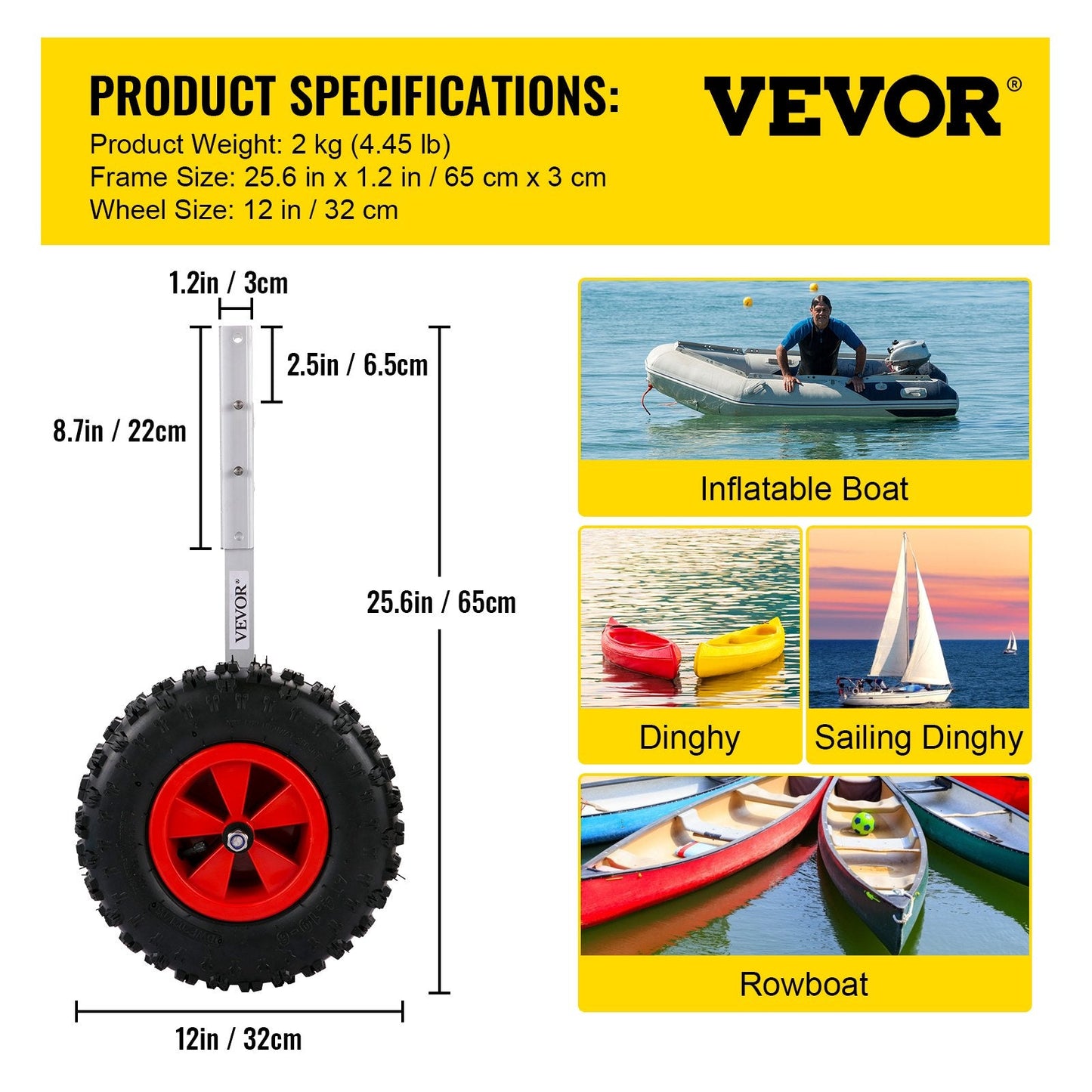 Inflatable Boat Launch Wheels with 32 cm Rubber Tires, 272 kg Capacity