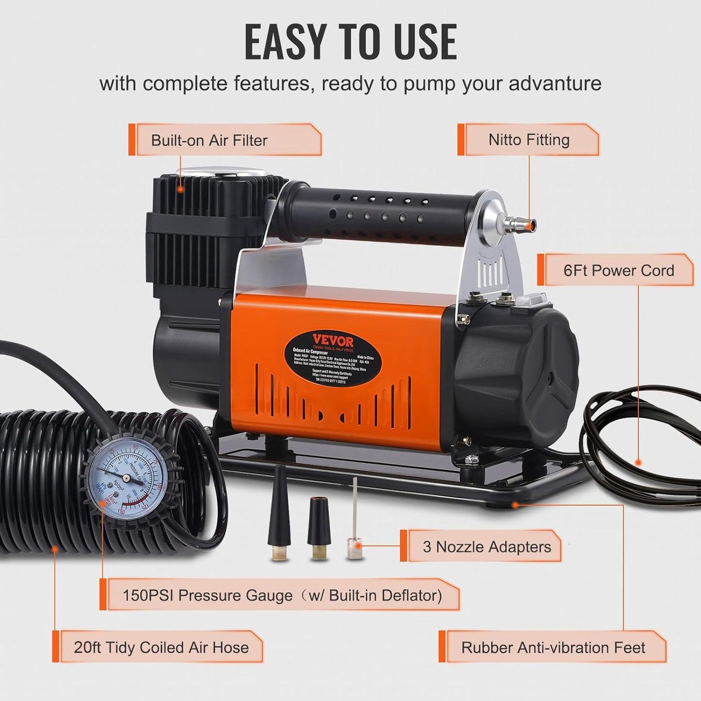 VEVOR 12V Air Compressor Heavy Duty 150PSI Offroad Air Compressor Portable Truck