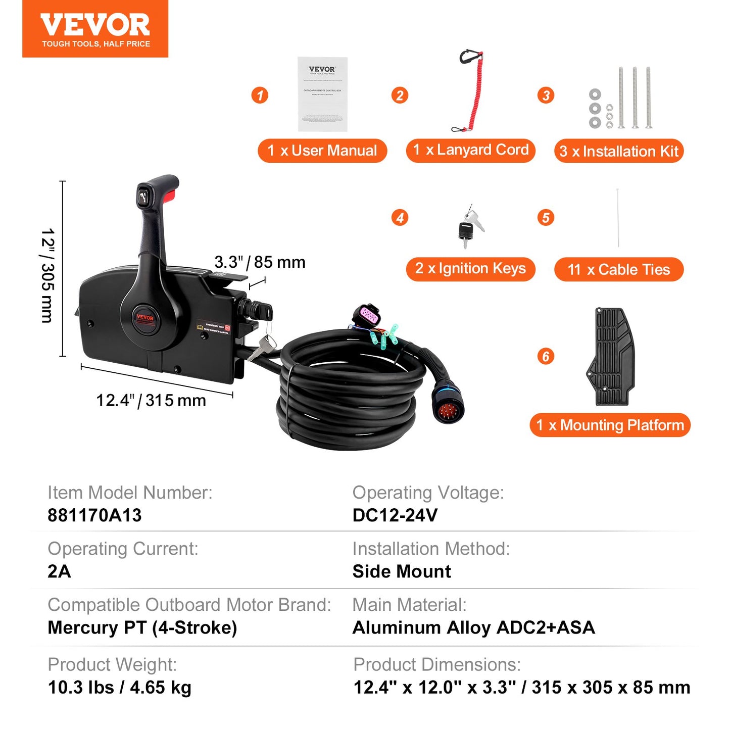 VEVOR Boat Throttle Control, 881170A13 Side-Mounted Outboard Remote Control Box