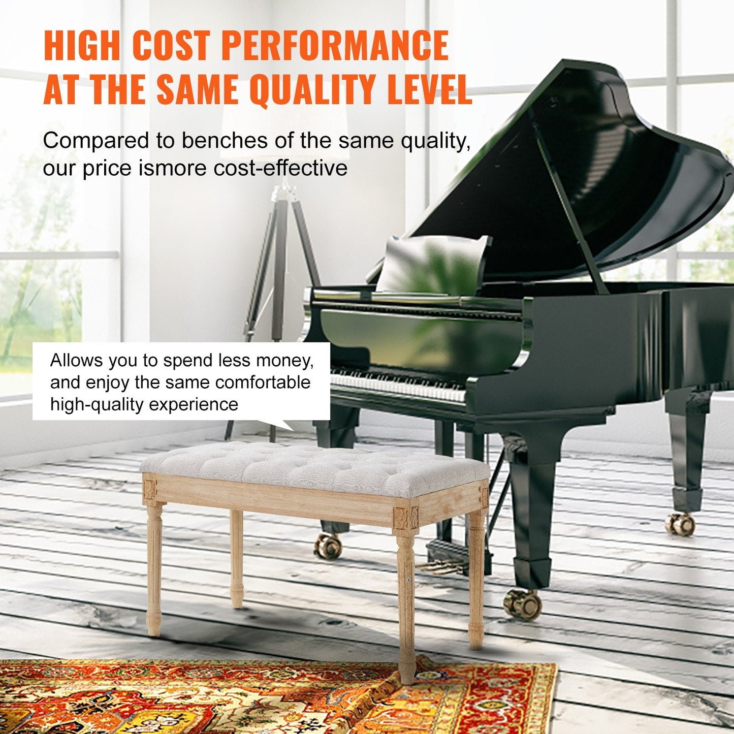 Beige Upholstered Bench with Foam Cushion, Rubberwood Legs, 100 kg Capacity