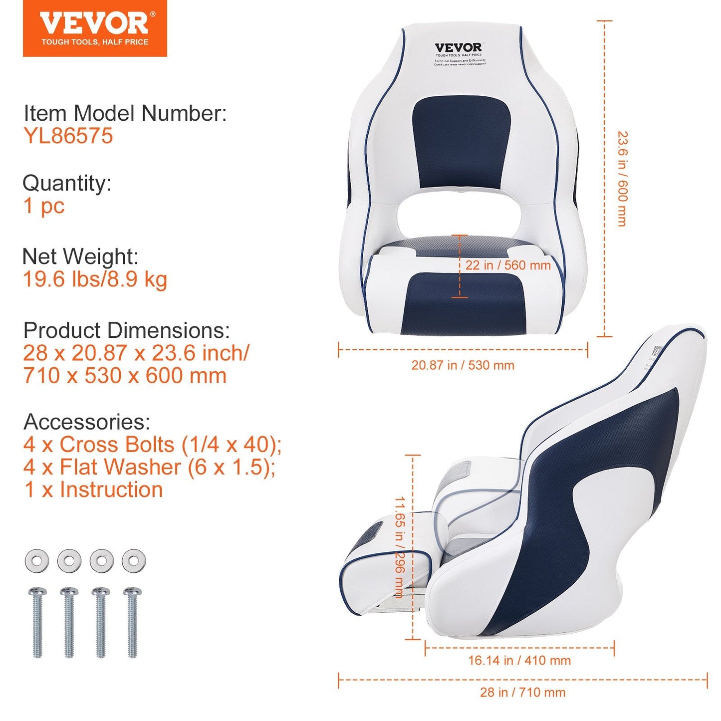 Marine Captain Chair with Flip-Up Bolster, Thickened Padding, Waterproof Design
