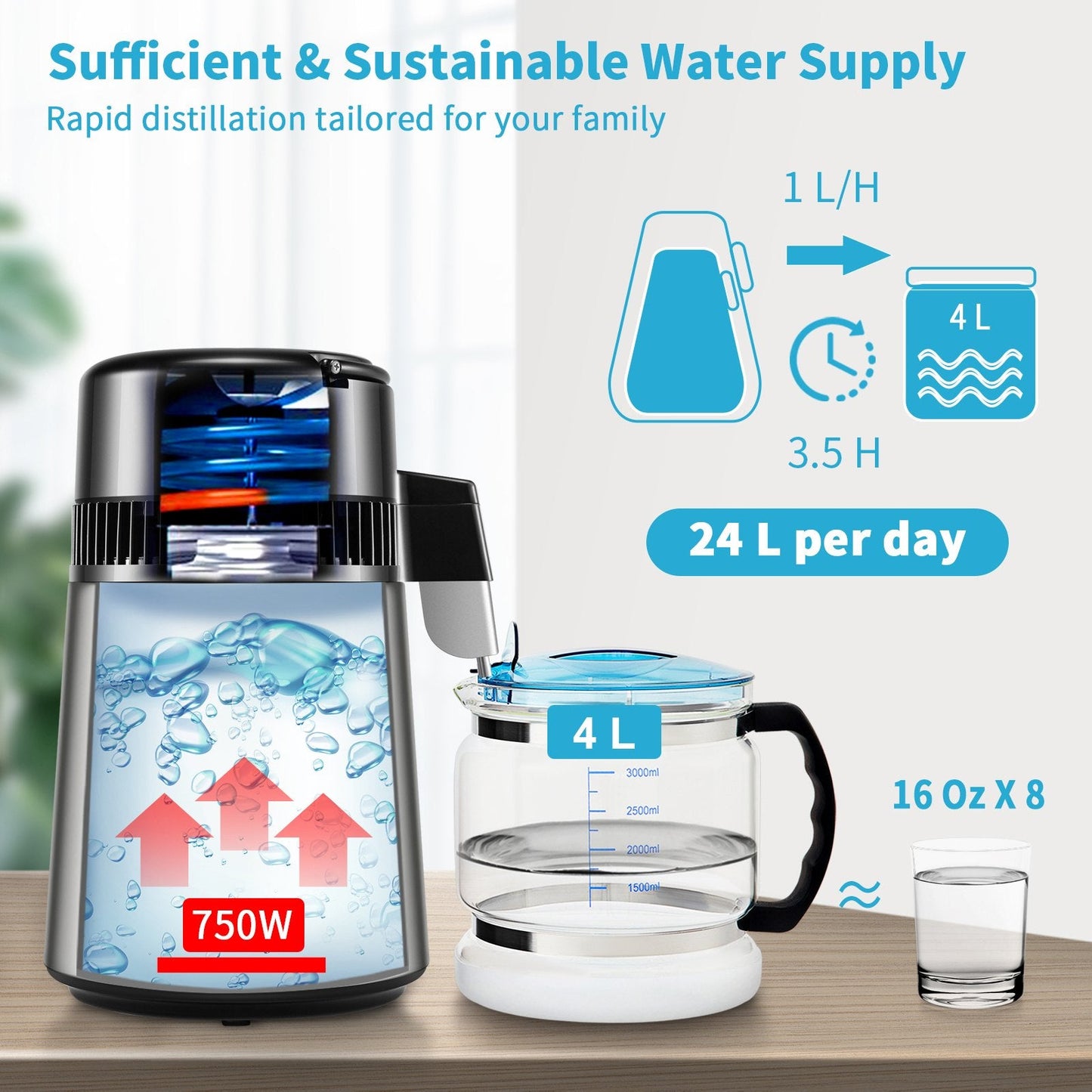 4L Water Distiller, 1L/H, Silver, Touch Screen, Stainless Steel, 3.3 kg