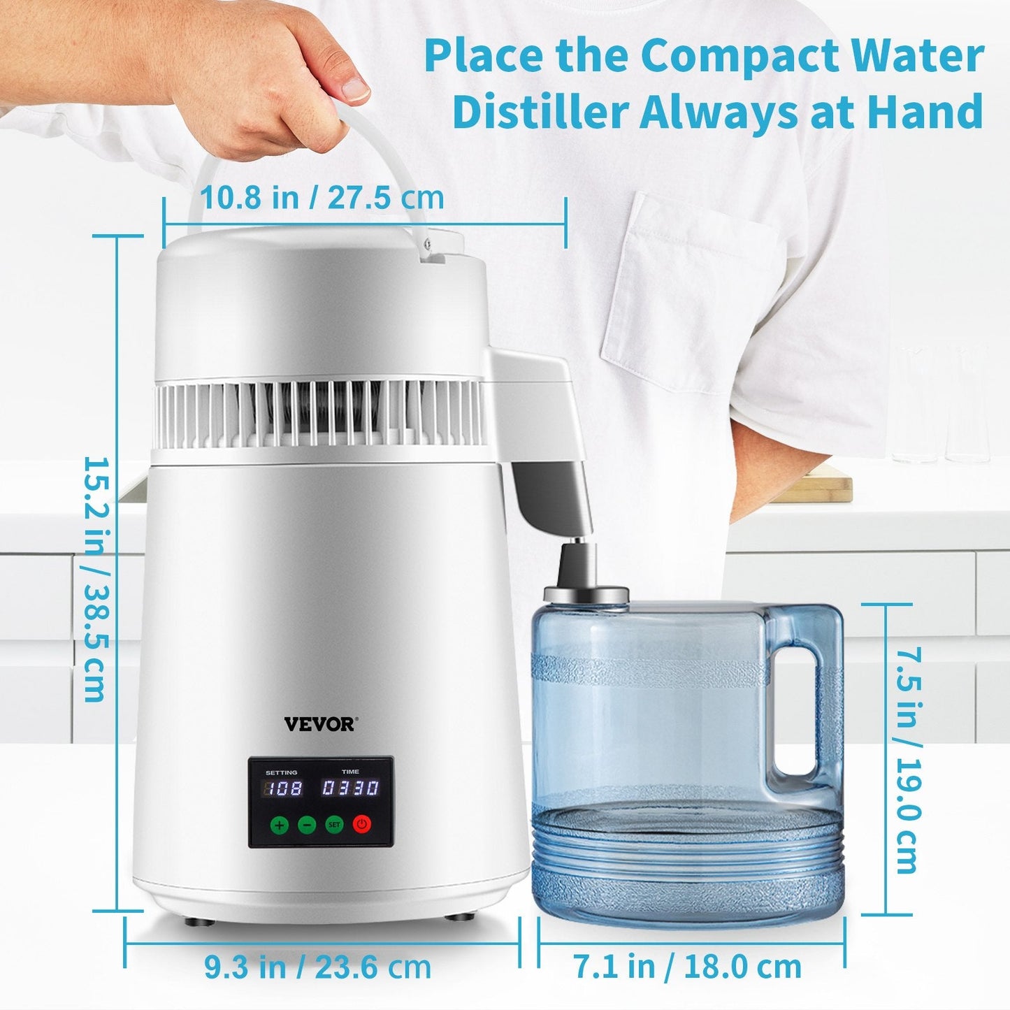 4L Water Distiller with Temp Display & Touch Screen, 1L/H Output, White