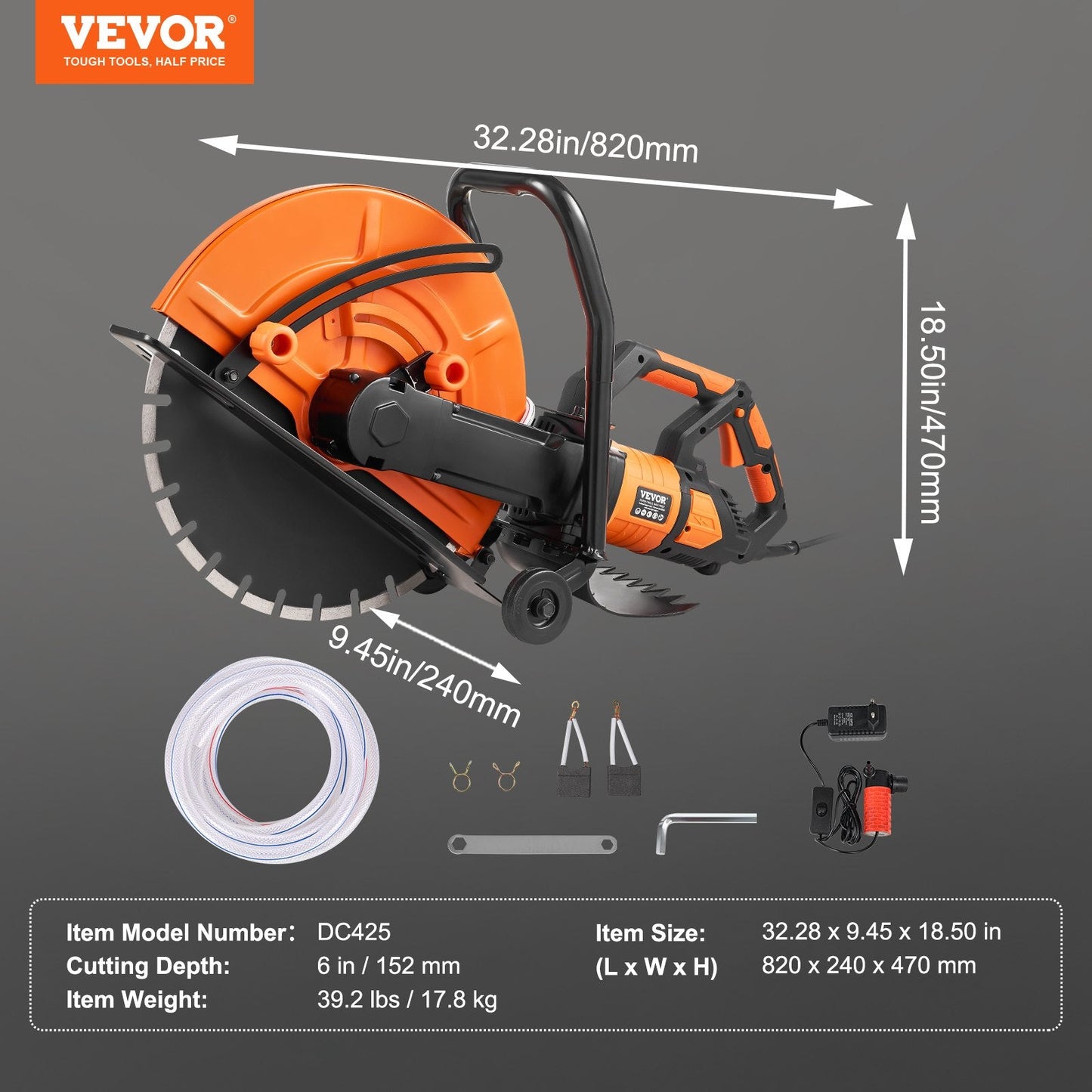 Electric Concrete Saw, 2800W 15A Motor, 42.5cm Blade, 152mm Cutting Depth