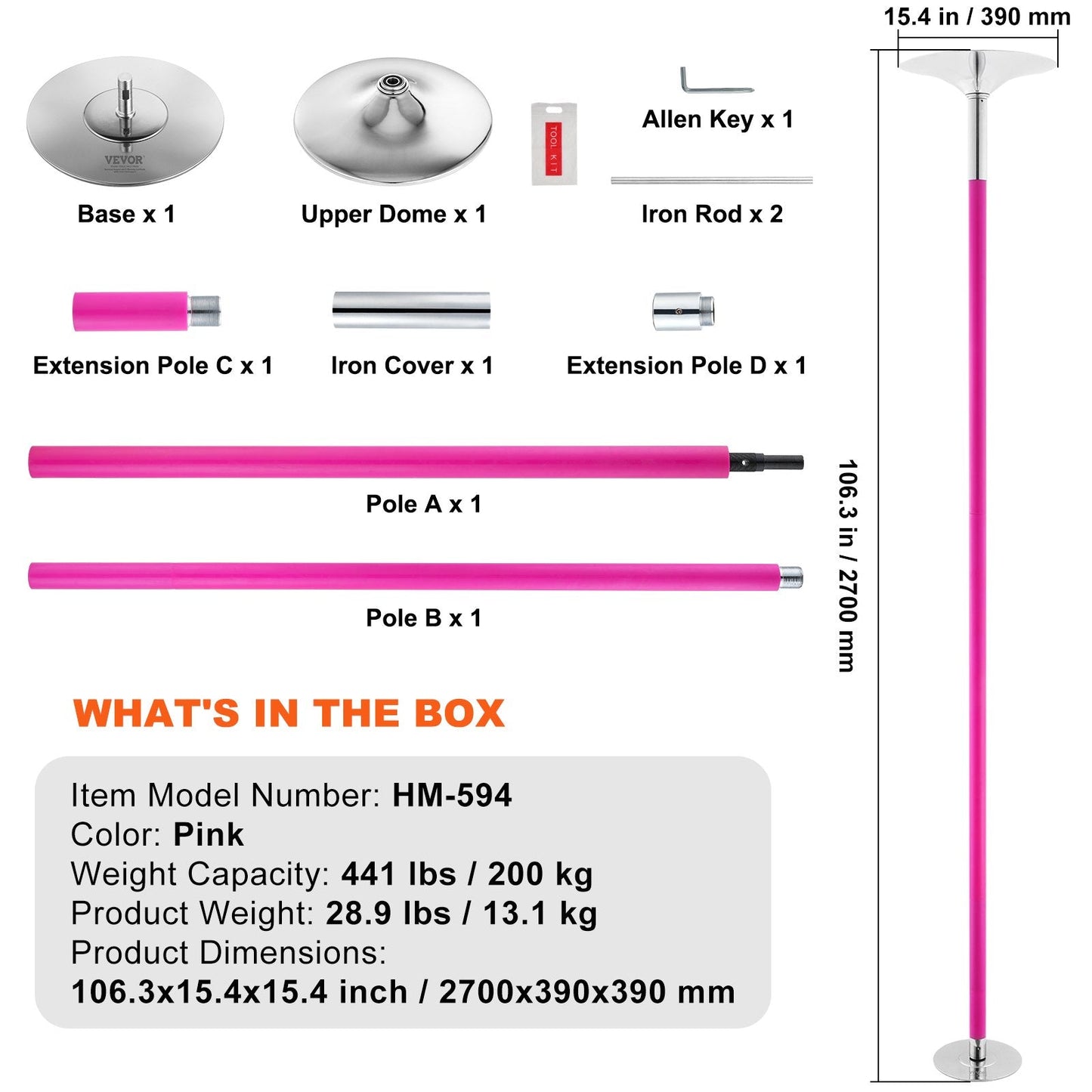 Adjustable 2.7m Pink Dance Pole Kit, Static/Spinning, 200kg Capacity