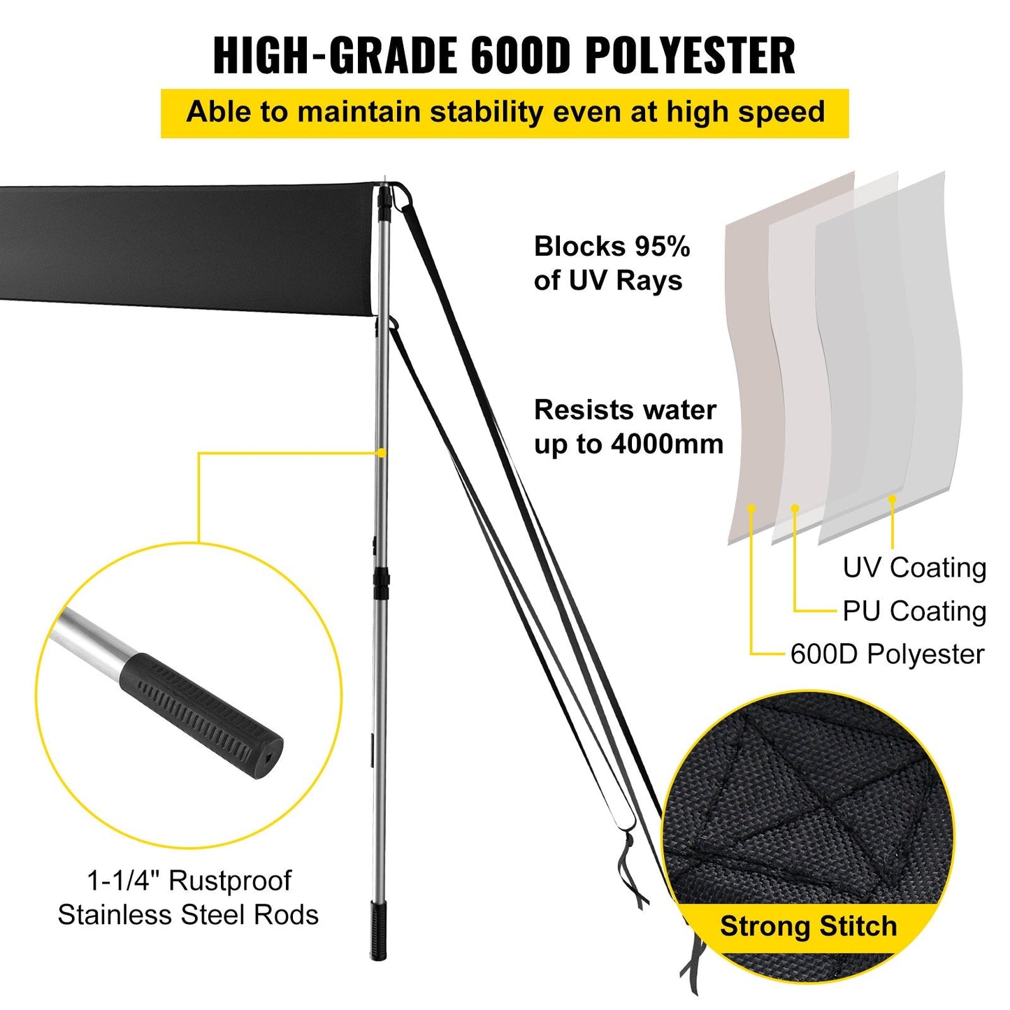 Black T-Top Extension Shade Kit, UV-Proof, 1.83 x 2.13 m, with Telescopic Poles