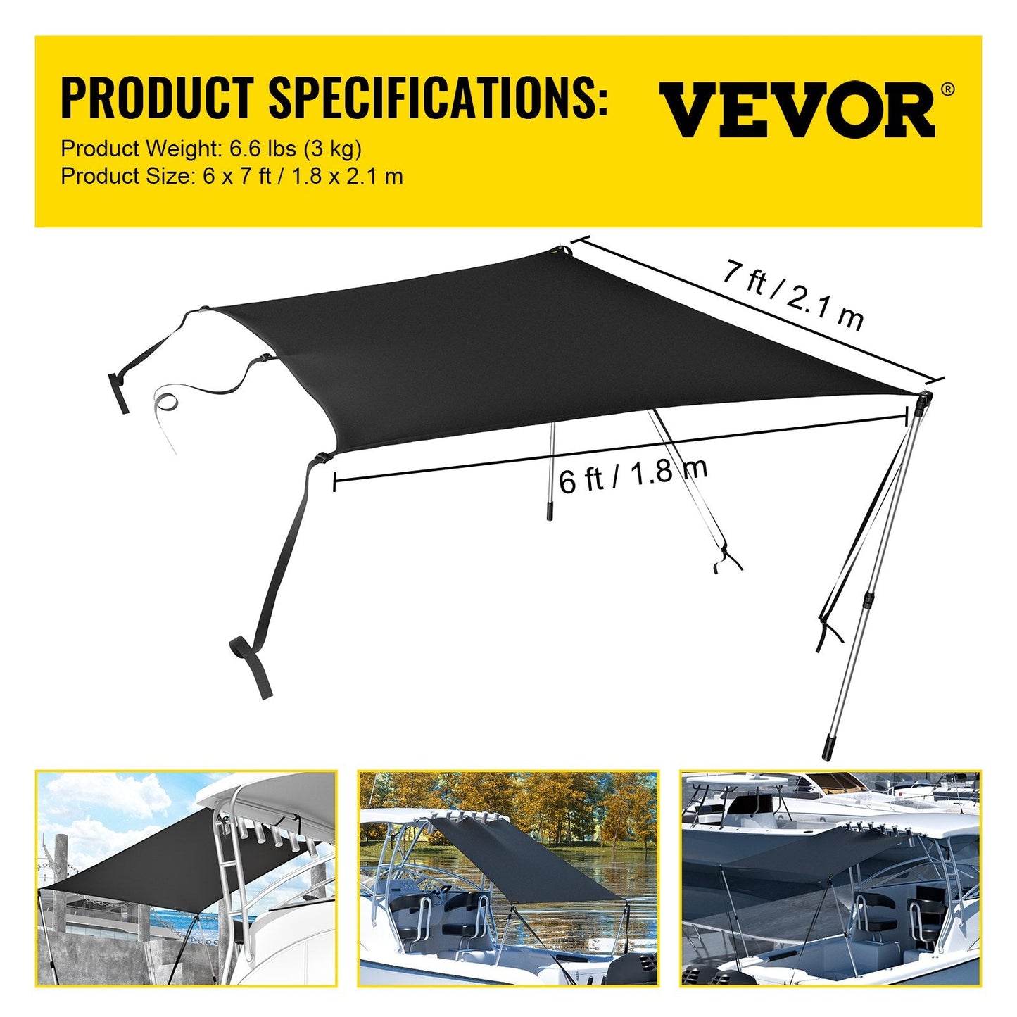 Black T-Top Extension Shade Kit, UV-Proof, 1.83 x 2.13 m, with Telescopic Poles