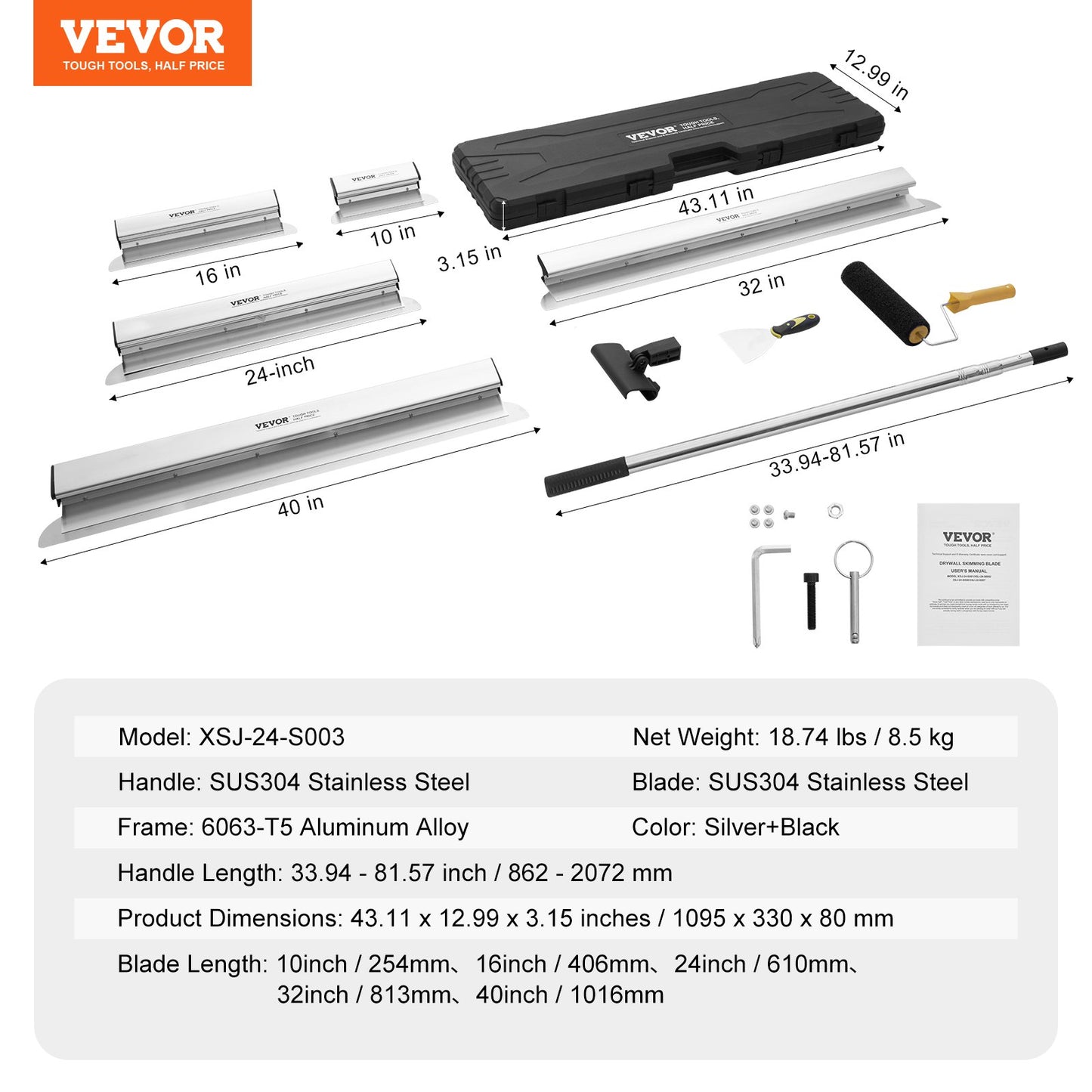 VEVOR Drywall Skimming Blade Set, 10/16/24/32/40 in Skimming Blades + 34-81.6 in
