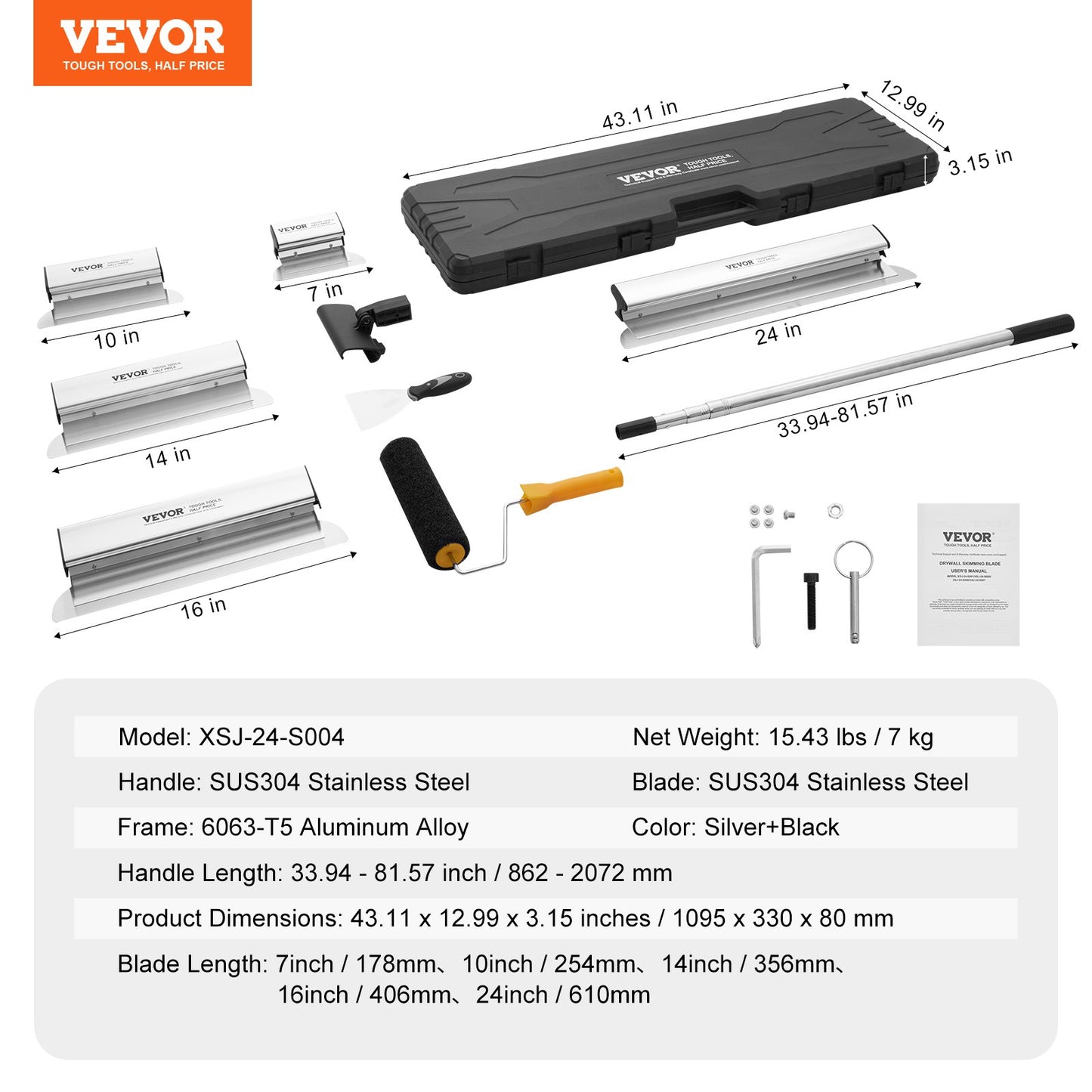 VEVOR Drywall Skimming Blade Set, 7/10/14/16/24 in Skimming Blades + 34 - 81.6 in