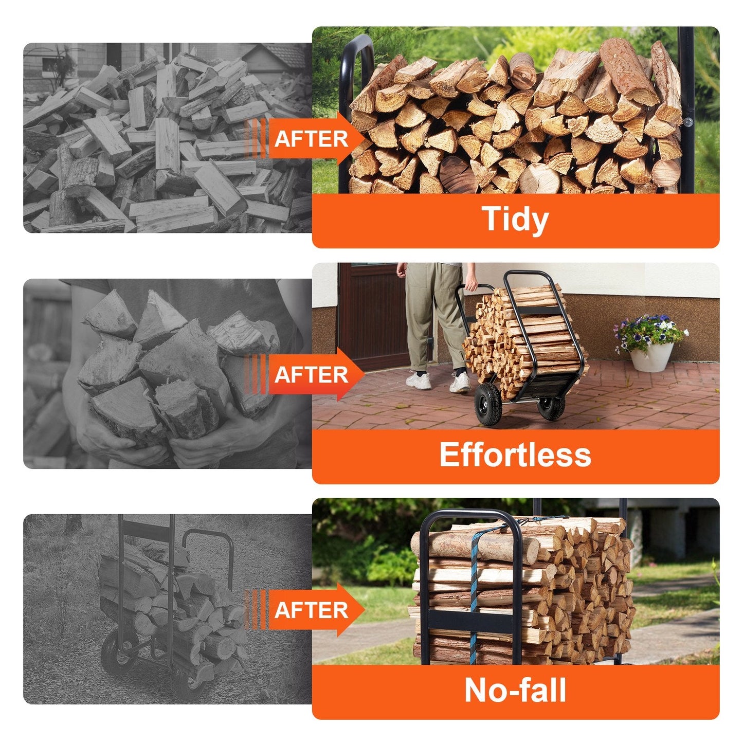 Heavy-Duty Firewood Log Cart with PU Wheels, 113.4 kg Capacity, Easy Assembly
