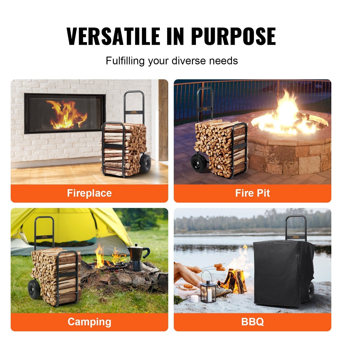 Heavy-Duty Firewood Log Cart with PU Wheels, 113.4 kg Capacity, Easy Assembly