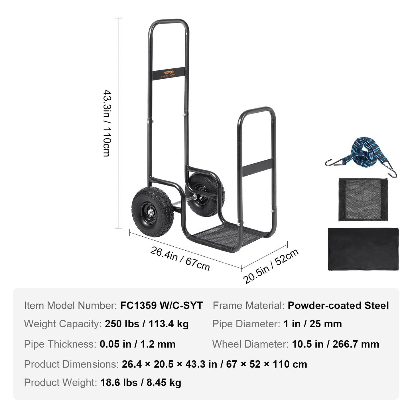 Heavy-Duty Firewood Log Cart with PU Wheels, 113.4 kg Capacity, Easy Assembly