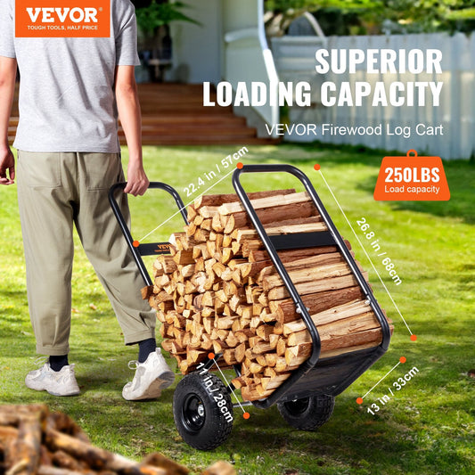 Powder-coated carbon steel firewood hauler resists rust during changing outdoor weather conditions