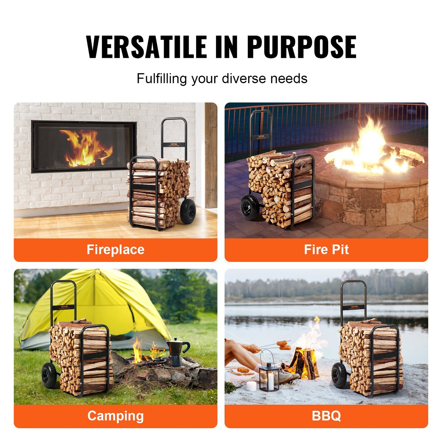 VEVOR Firewood Log Cart, 113 kg Load Capacity, Outdoor and Indoor Wood Rack Storage