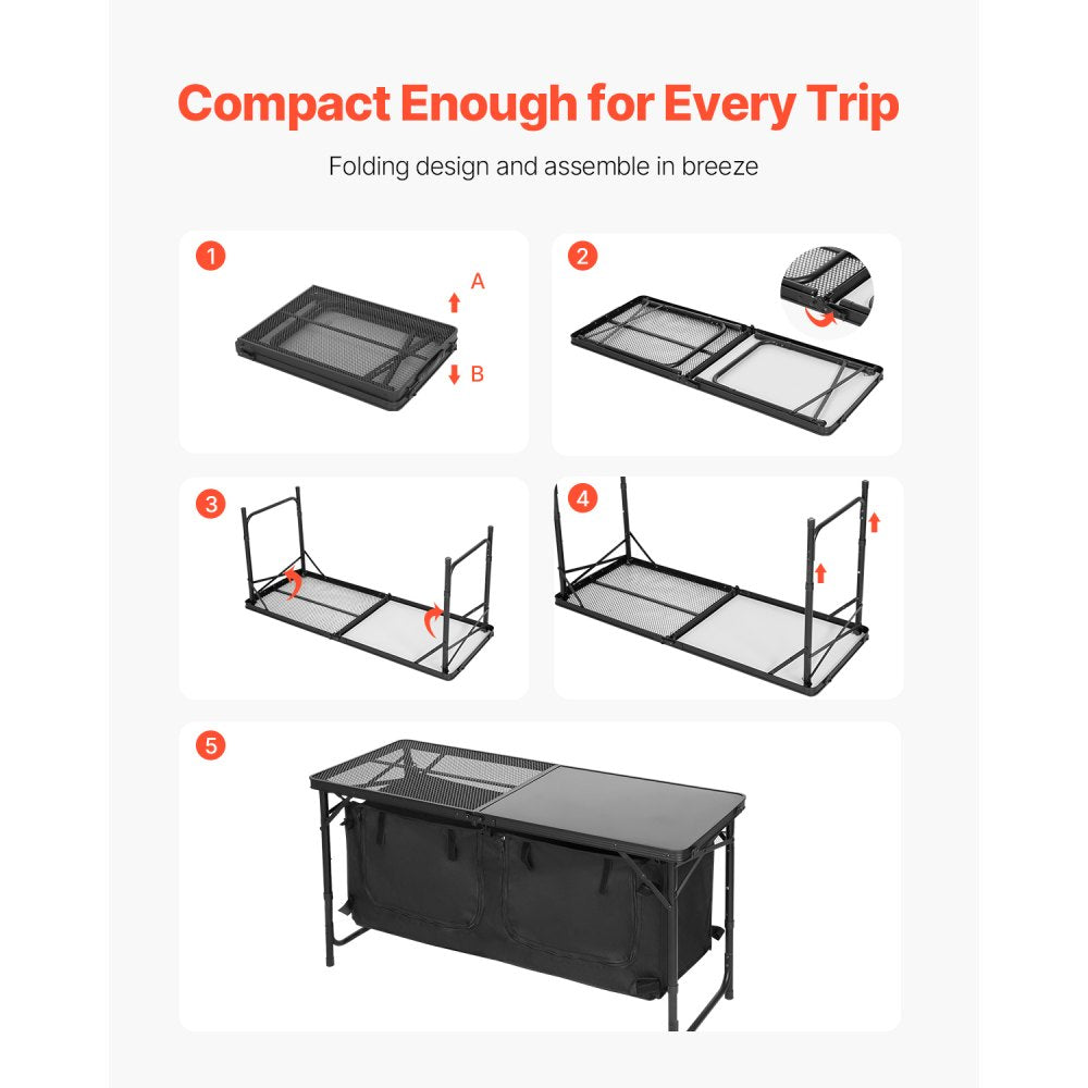 VEVOR Camping Kitchen Table Folding Portable Adjustable Cooking Station Storage