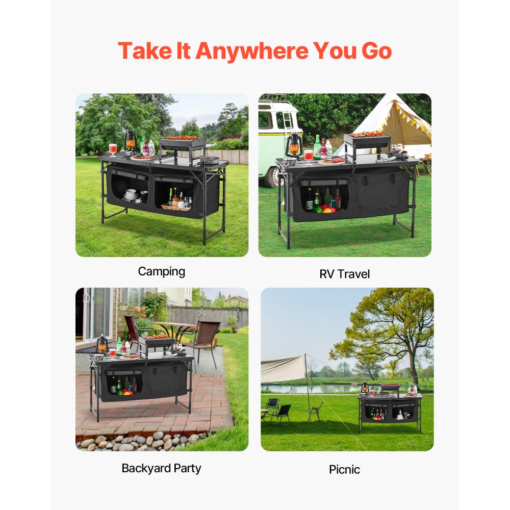 VEVOR Camping Kitchen Table Folding Portable Adjustable Cooking Station Storage