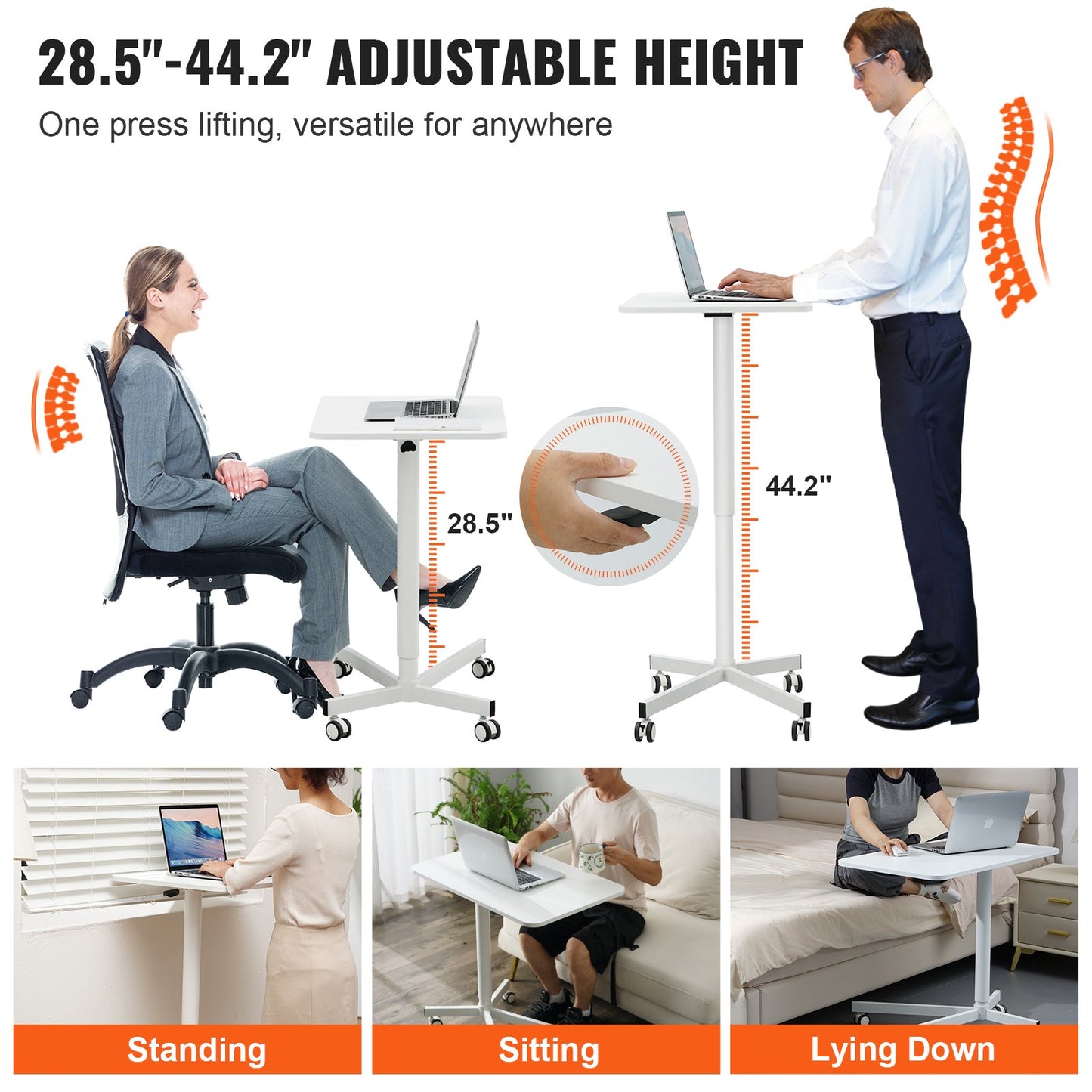 VEVOR Mobile Standing Desk, 28.5"-44.2" Gas-Spring Height Adjustable Sit-Stand Desk,