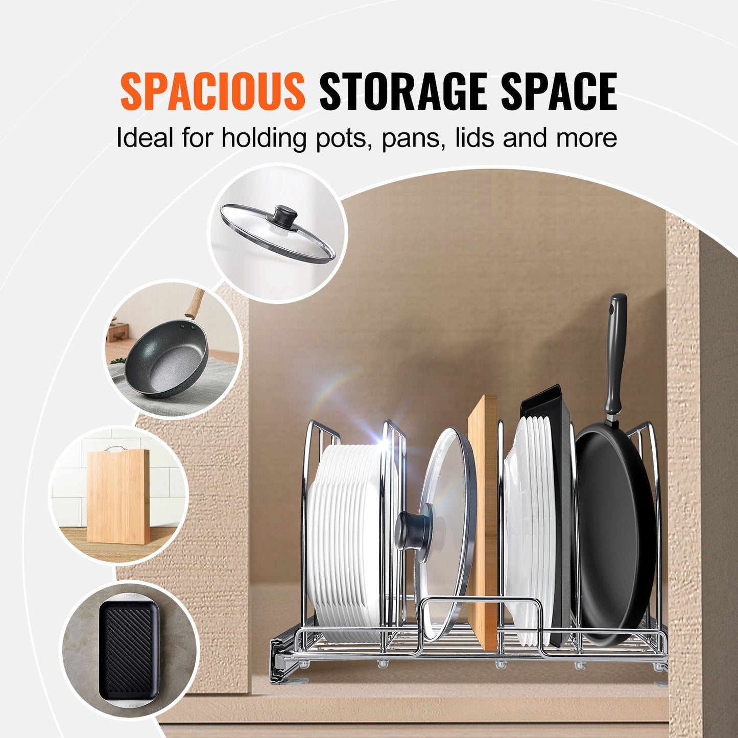 Expandable Pan & Pot Rack Organizer with Adjustable Dividers, Chrome Finish