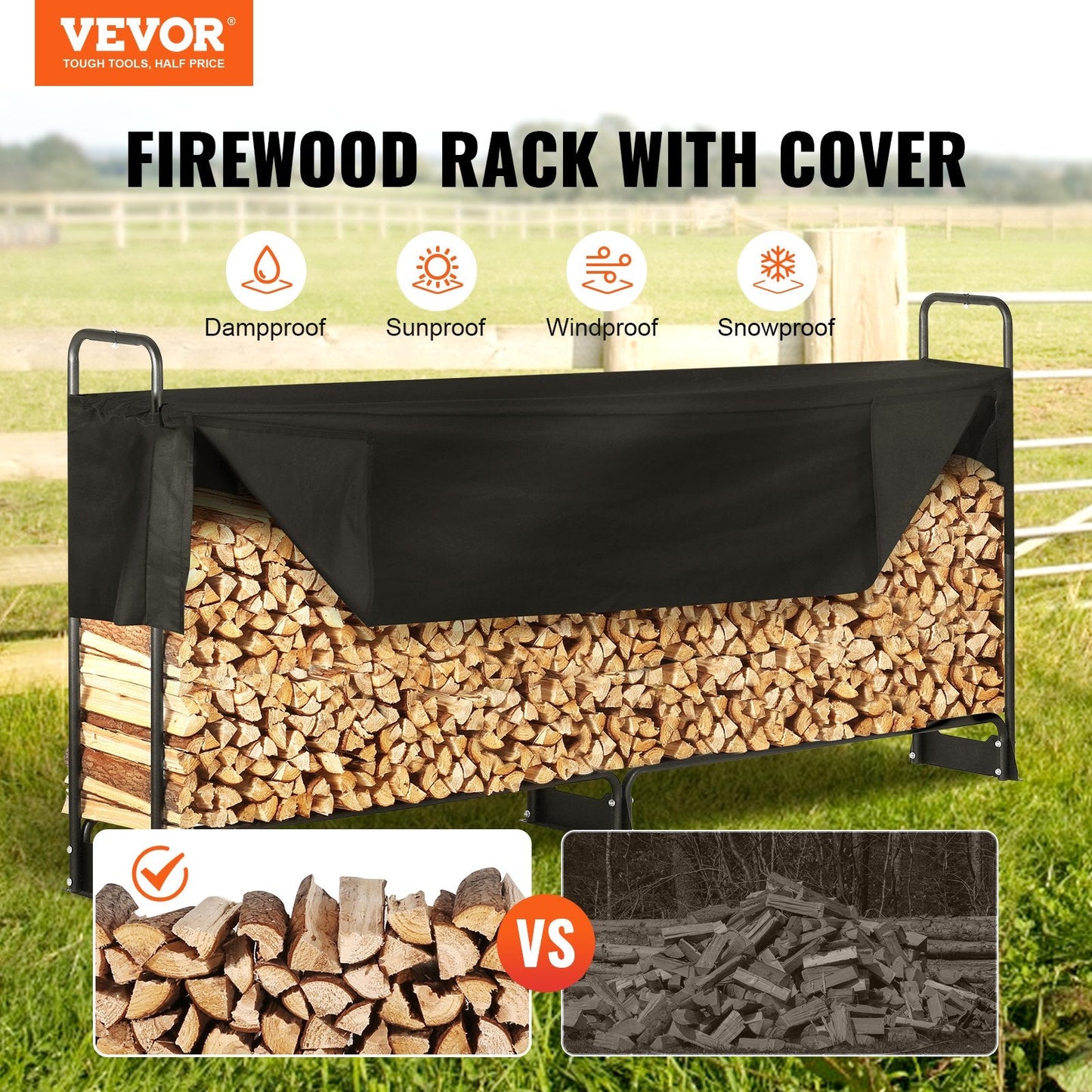 8.5FT Heavy Duty Firewood Rack with Waterproof Cover, 300 kg Capacity