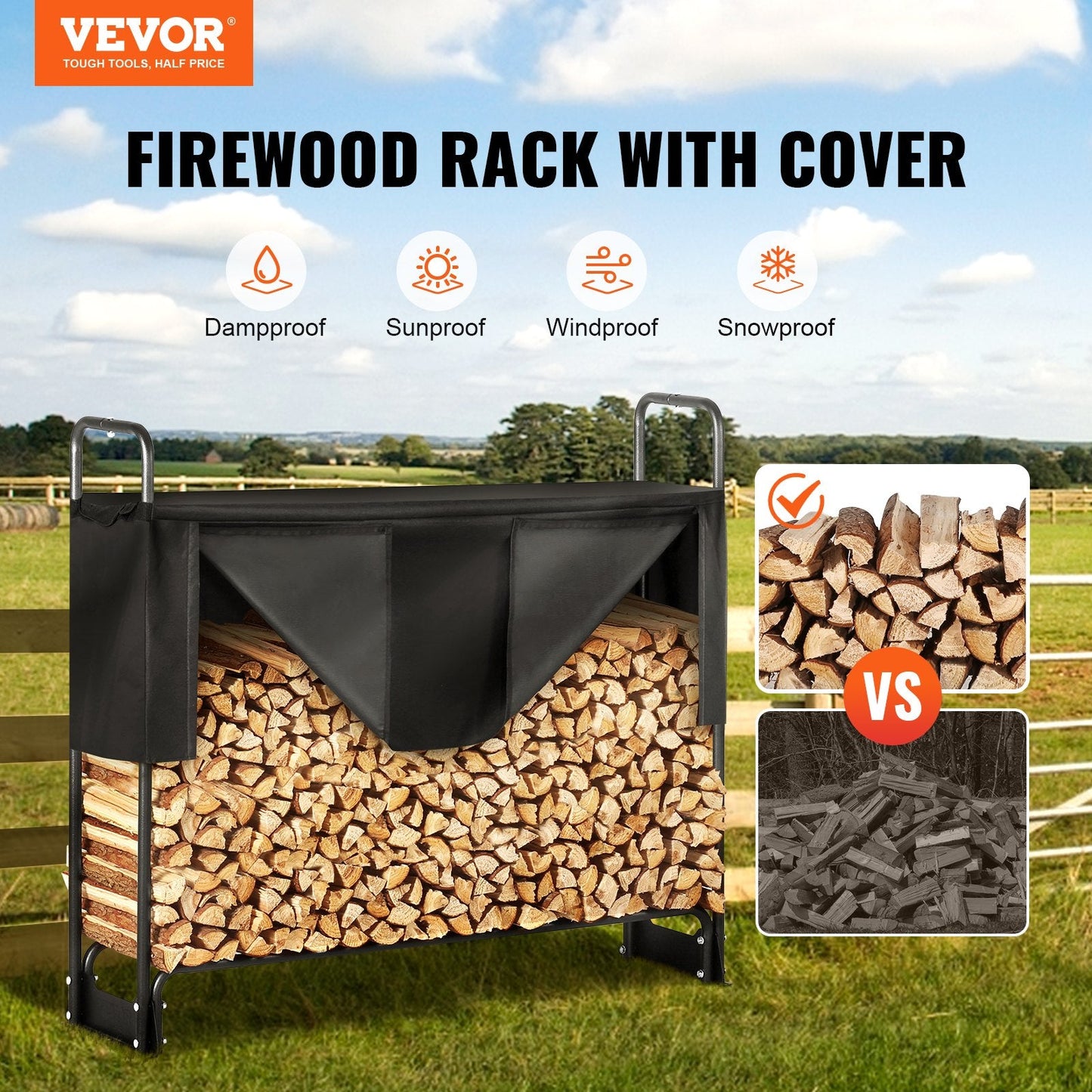 Heavy Duty 1.3m Outdoor Firewood Rack with Waterproof Cover for 1/4 Cord Wood