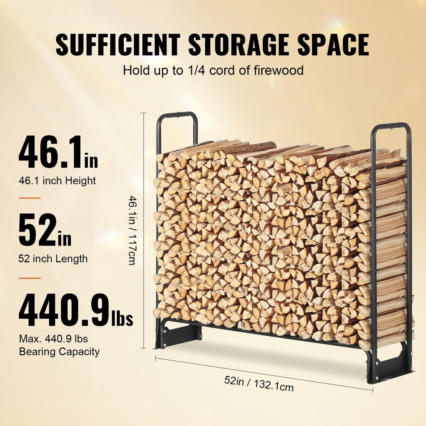 Heavy Duty 1.3m Outdoor Firewood Rack with Waterproof Cover for 1/4 Cord Wood