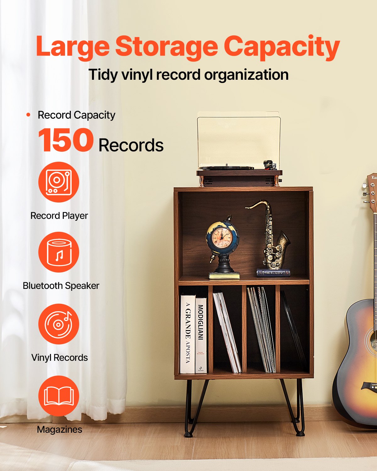 VEVOR 3-Tier Record Player Stand Metal Vinyl Record Stand up to 150 Album Brown