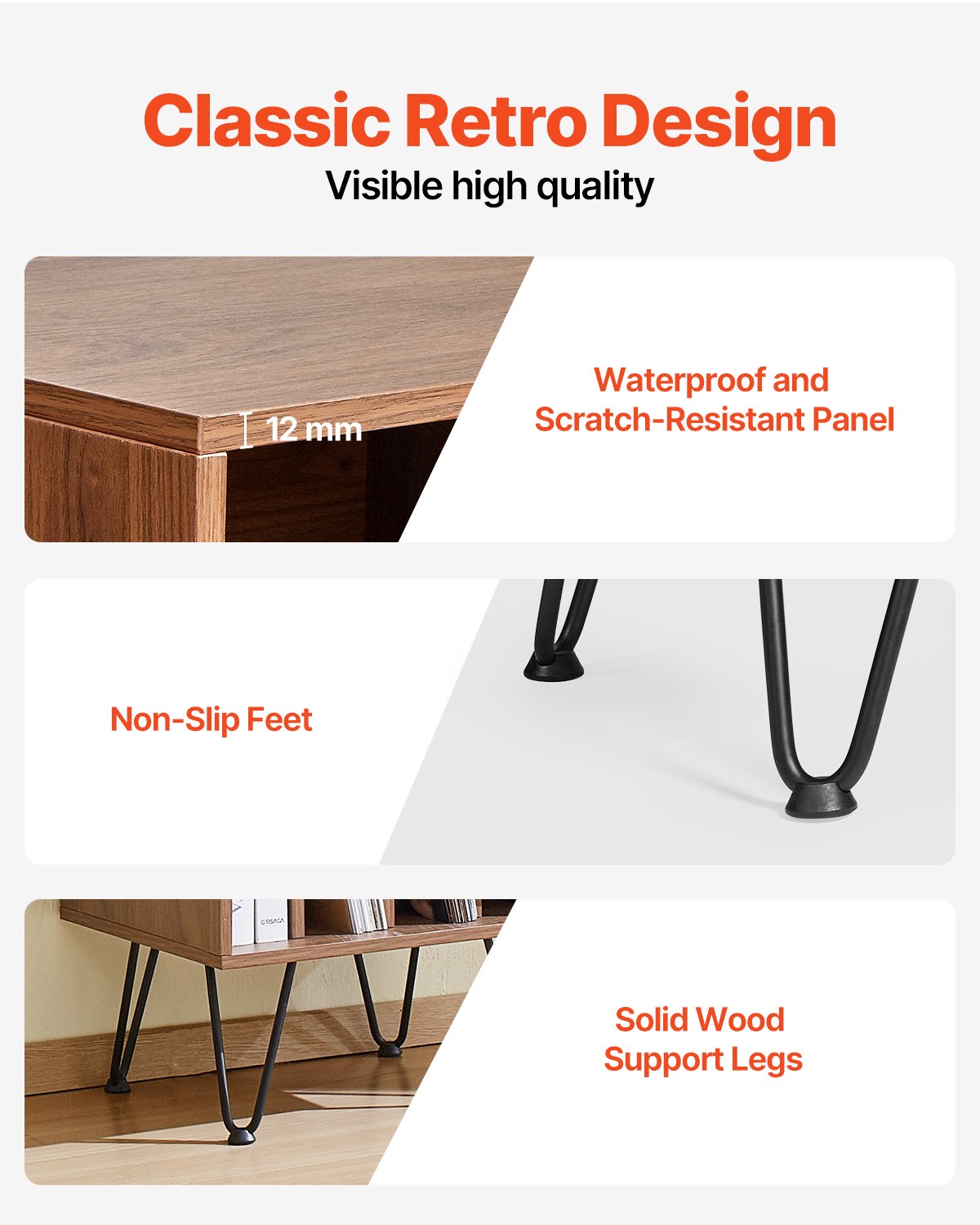 VEVOR 3-Tier Record Player Stand Metal Vinyl Record Stand up to 150 Album Brown