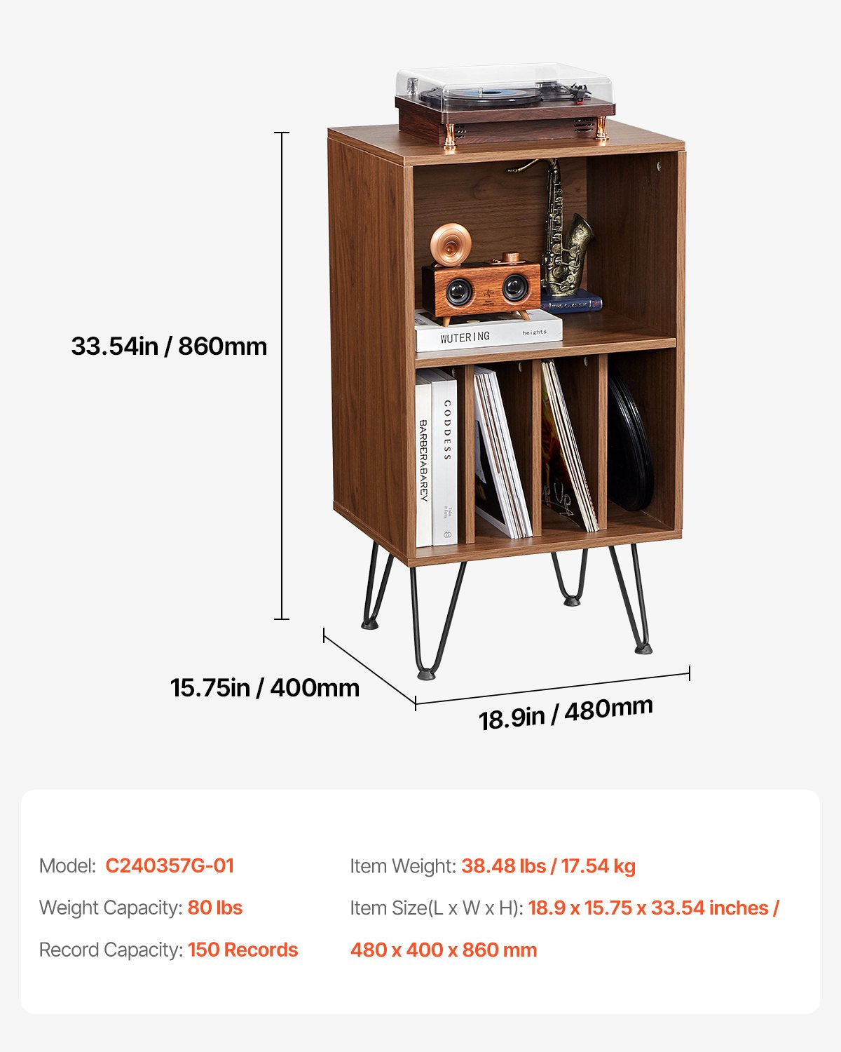 VEVOR 3-Tier Record Player Stand Metal Vinyl Record Stand up to 150 Album Brown