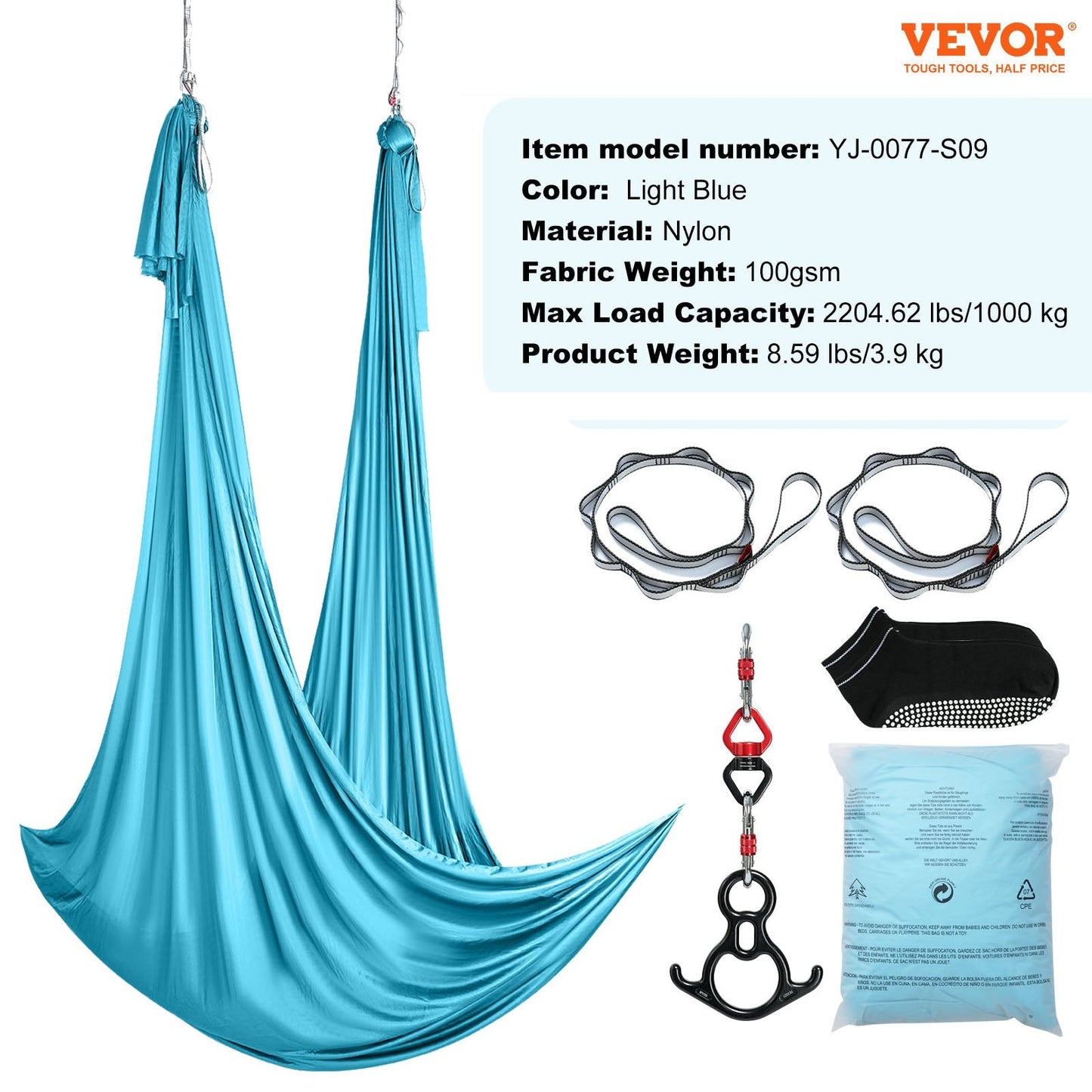 Aerial Yoga Hammock Kit, 10m Nylon, Full Rigging, Max Load 1000kg, Blue