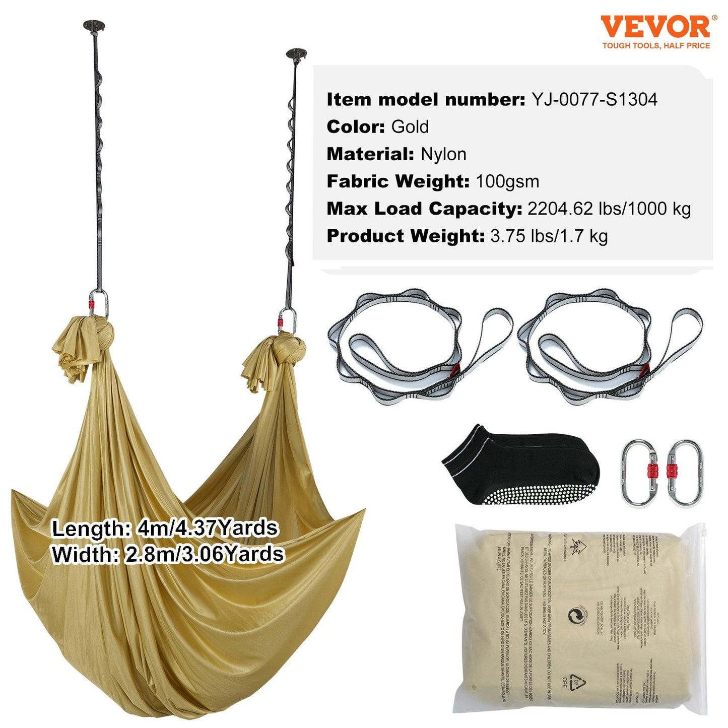 Aerial Yoga Hammock Kit, 4m Length, Gold, 1000kg Capacity, Complete Set