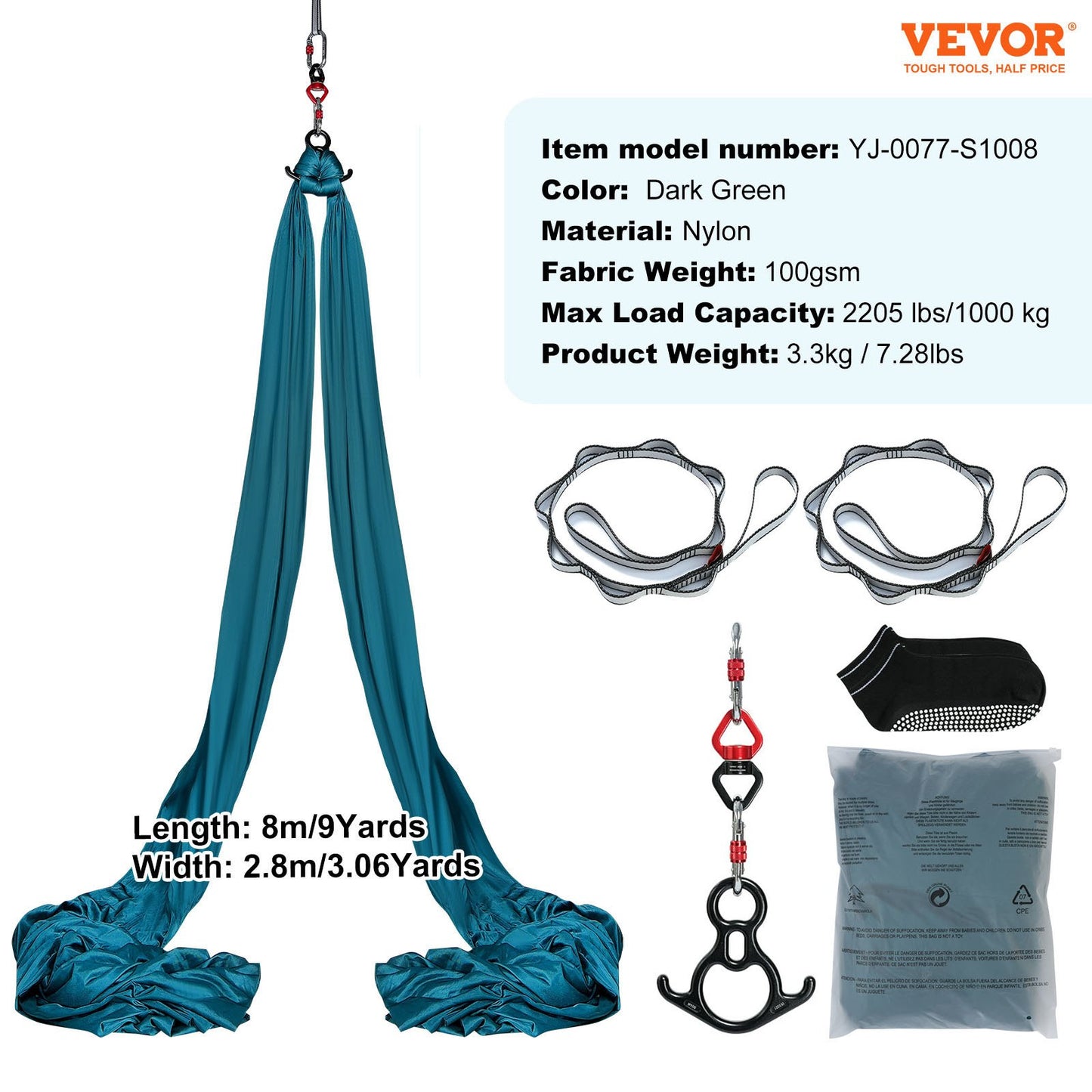 VEVOR Aerial Silk & Yoga Swing, 8 m Length, Aerial Yoga Hammock Kit with 100gsm