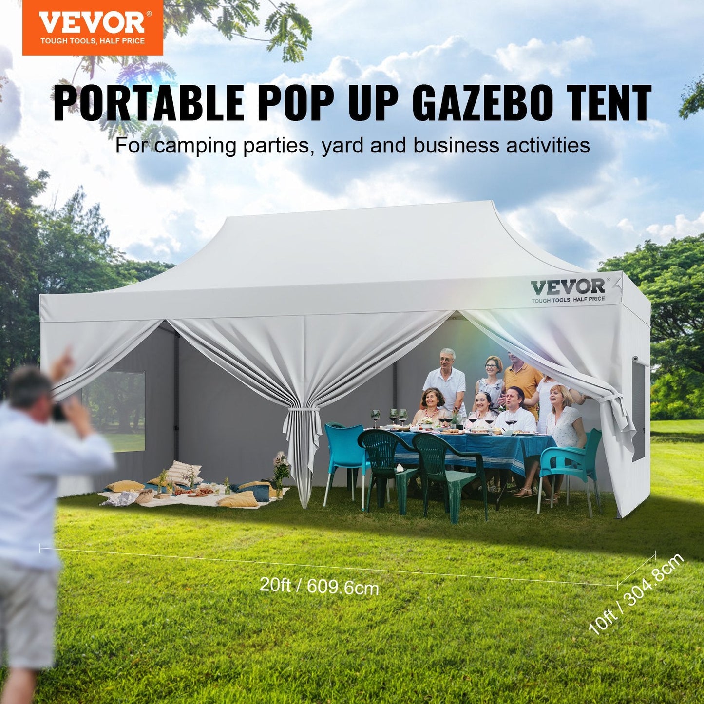 10x6m Pop-Up Outdoor Gazebo Tent with Sidewalls and Carry Bag - White