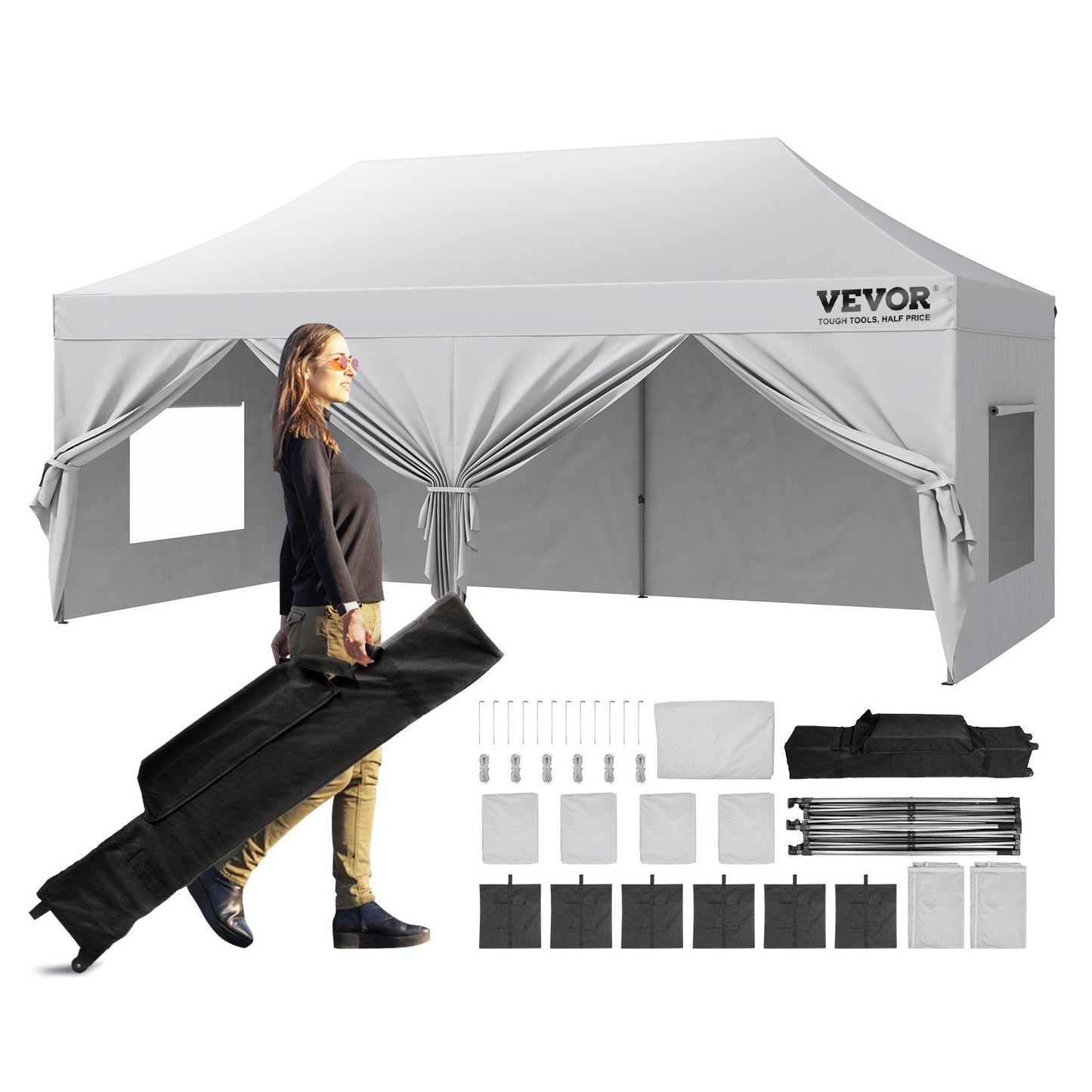 10x6m Pop-Up Outdoor Gazebo Tent with Sidewalls and Carry Bag - White