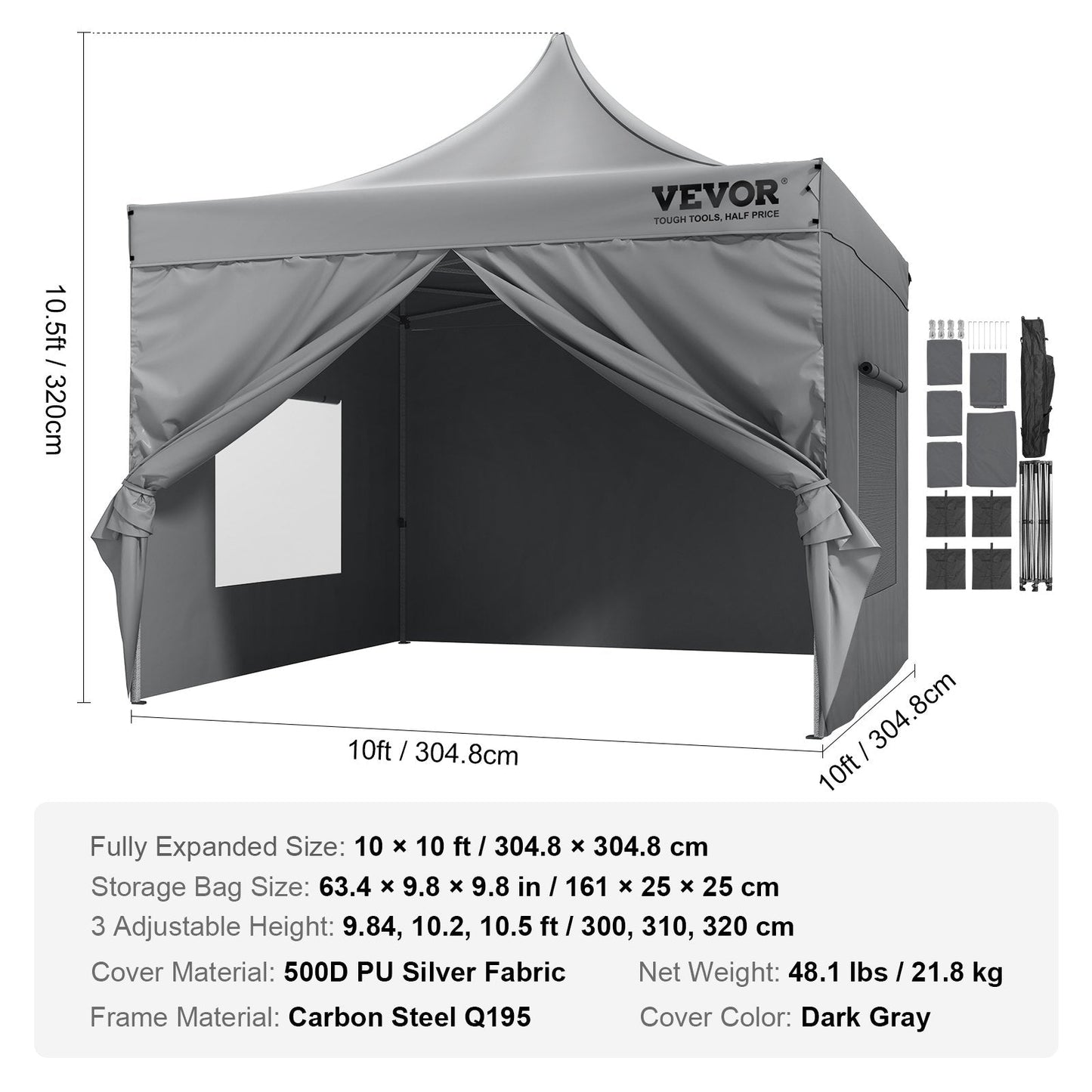 3x3m Pop-Up Canopy Tent with Removable Sidewalls, UV Resistant, Dark Gray