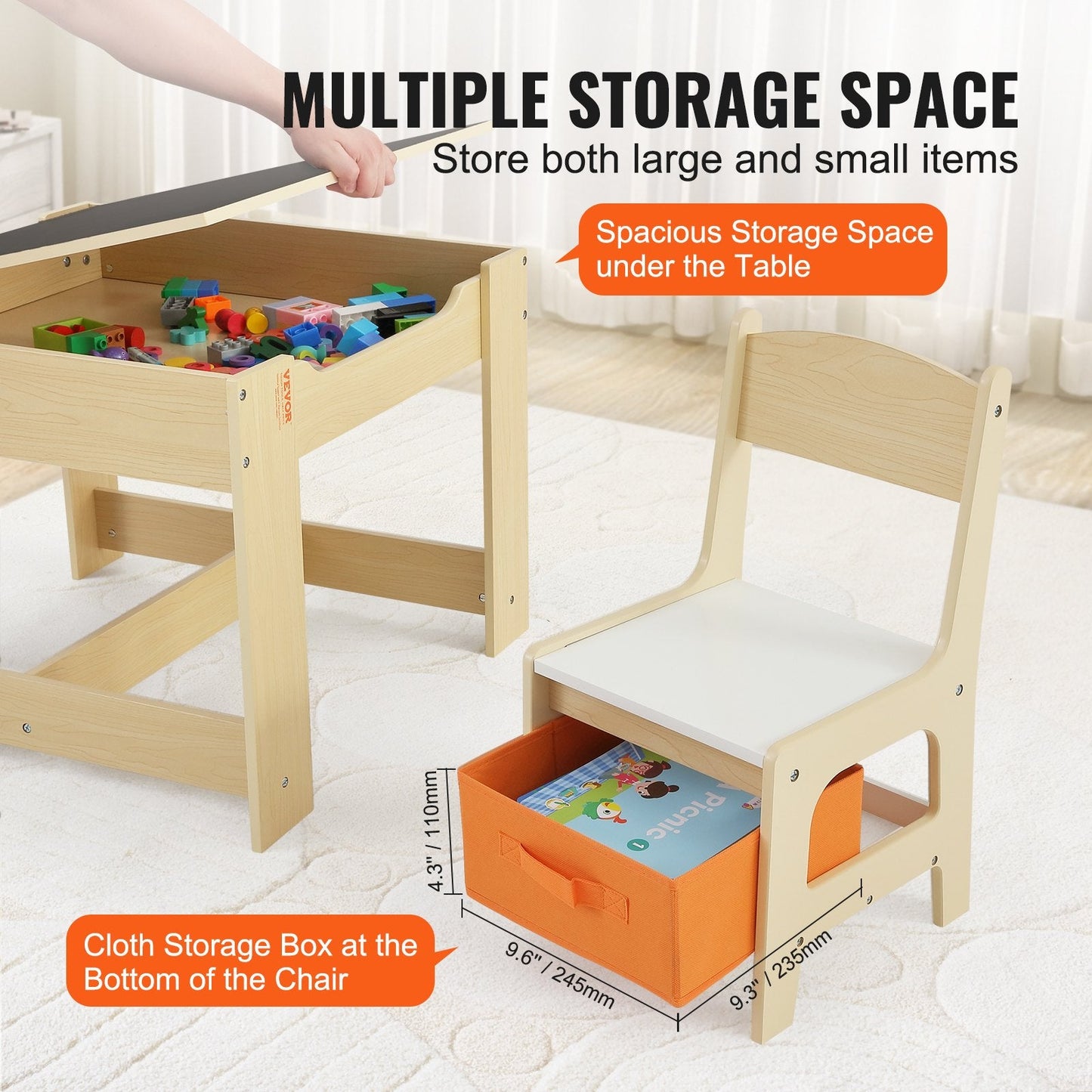Kids Wooden Activity Table & Chair Set with Storage, Light Wood Color